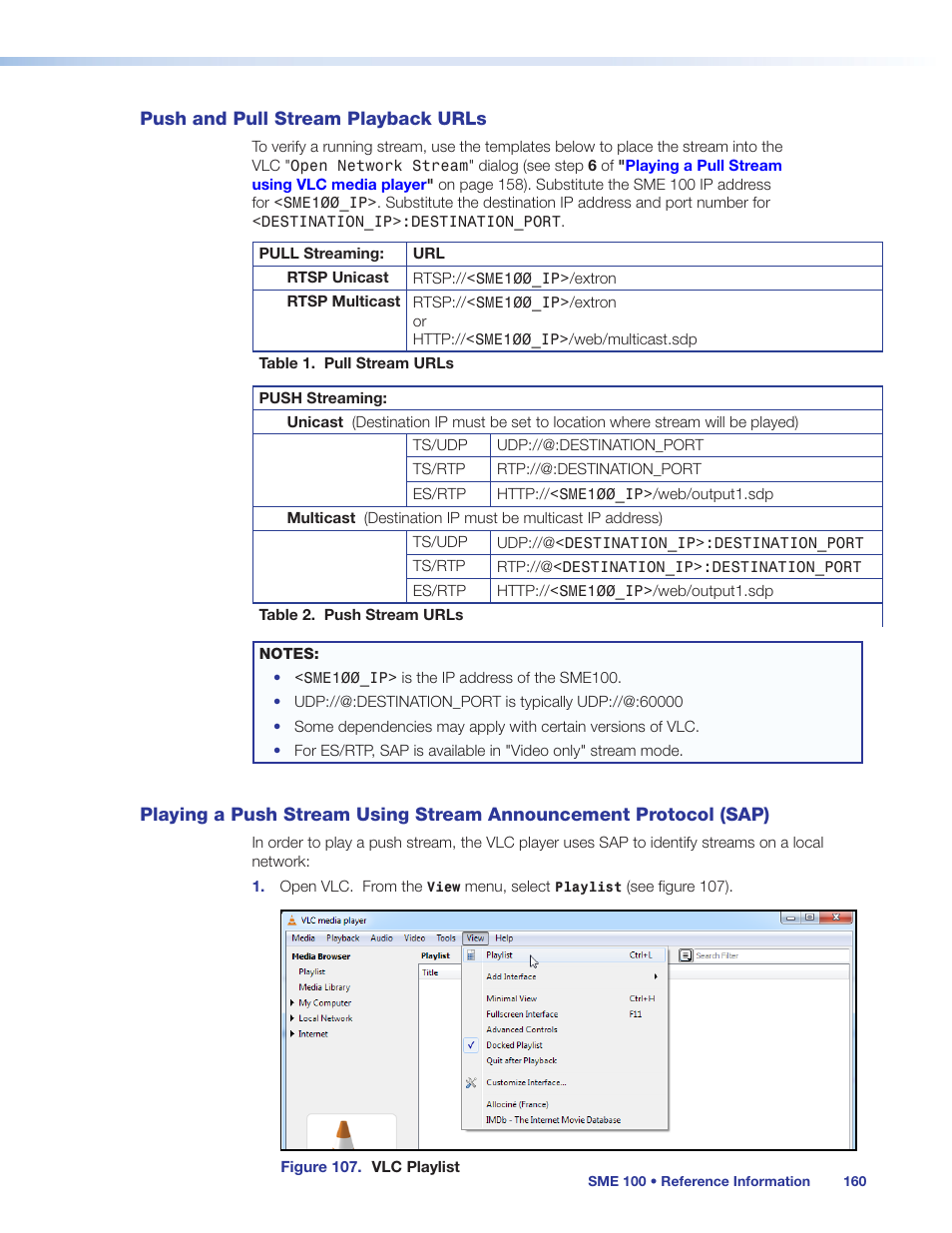 Push and pull stream playback urls, Announcement protocol (sap) | Extron Electronics SME 100 User Guide User Manual | Page 166 / 185