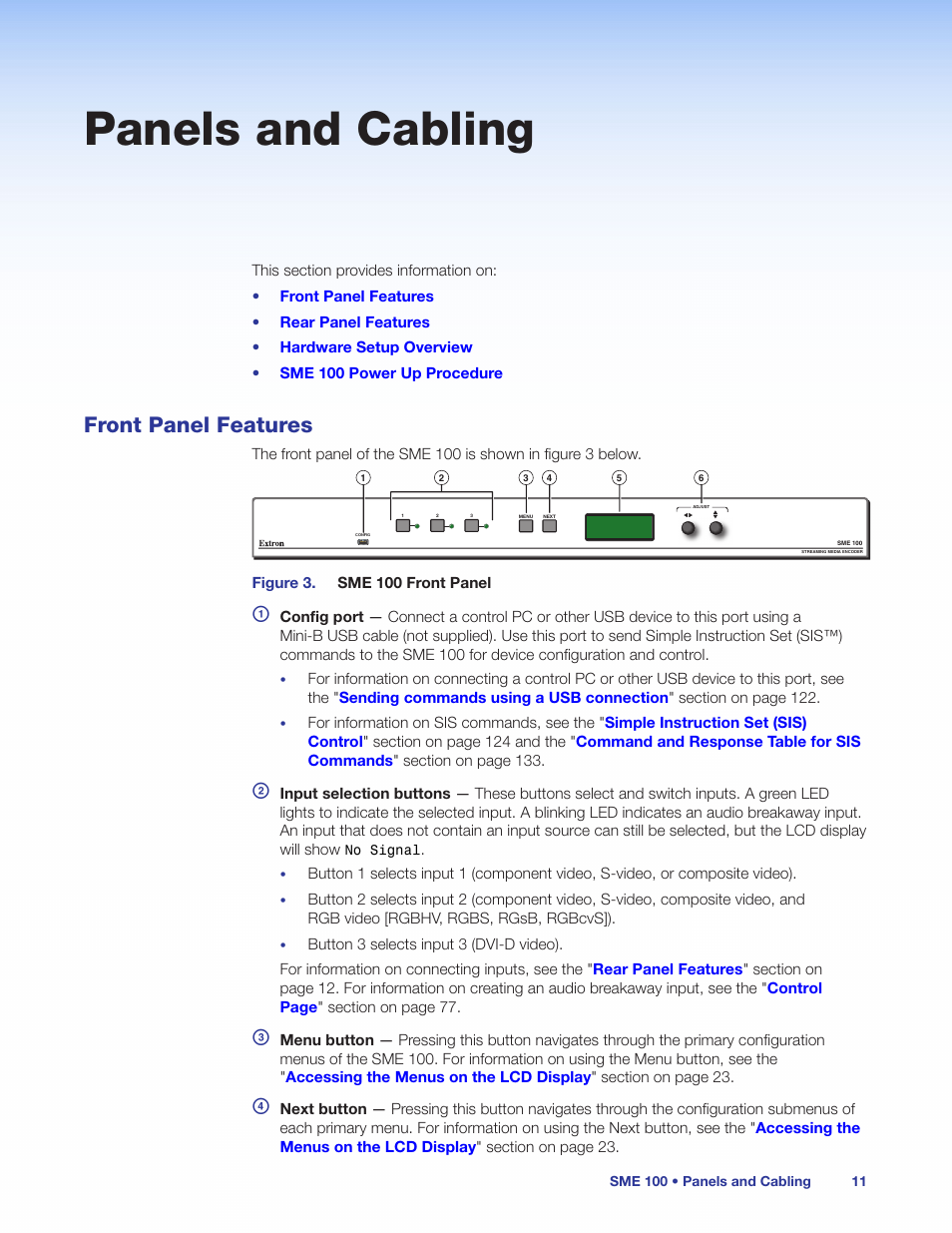 Panels and cabling, Front panel features | Extron Electronics SME 100 User Guide User Manual | Page 17 / 185