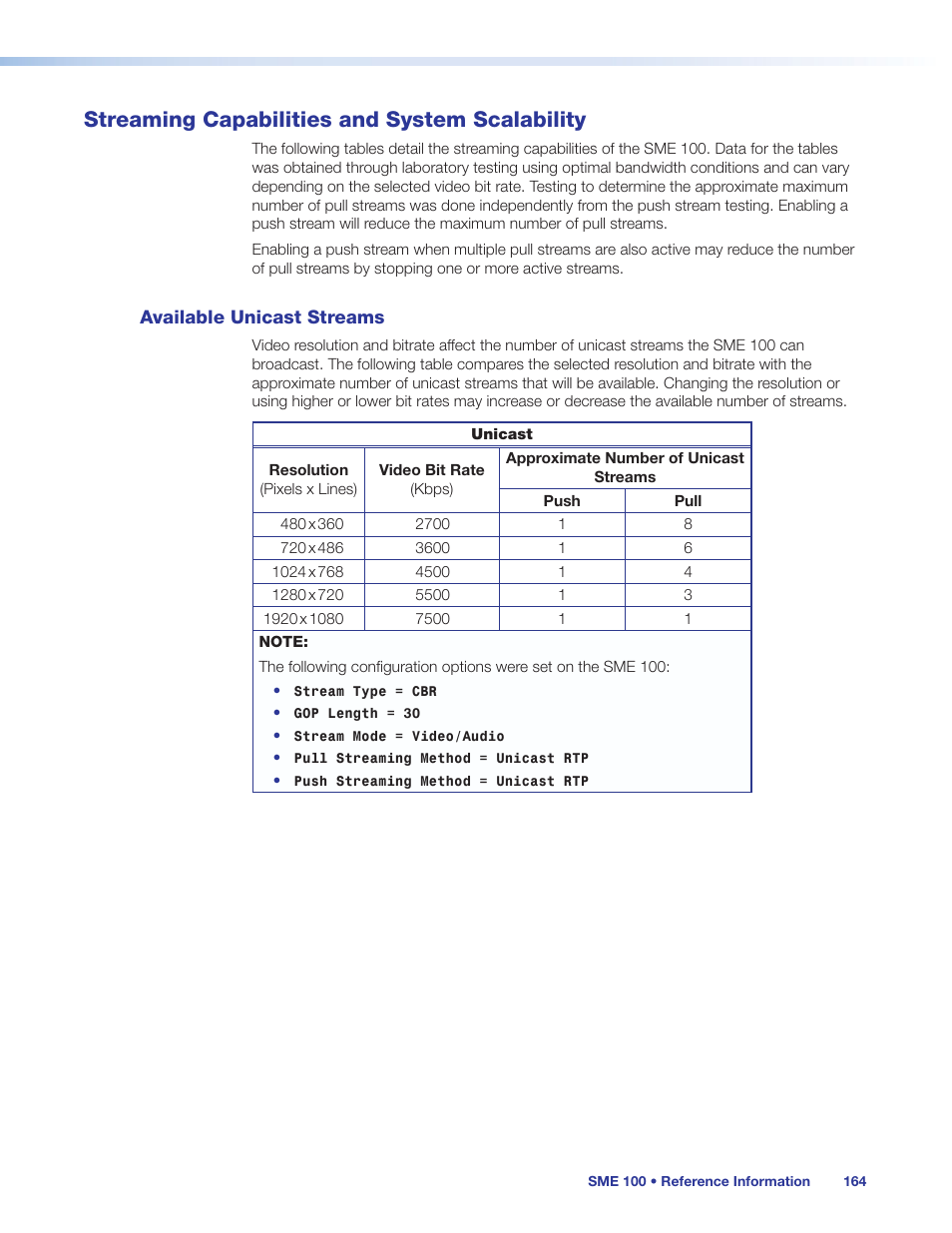 Streaming capabilities and system scalability, Available unicast streams, Streaming capabilities and | System scalability, Streaming, Capabilities and system scalability, Connections. see the tables in | Extron Electronics SME 100 User Guide User Manual | Page 170 / 185