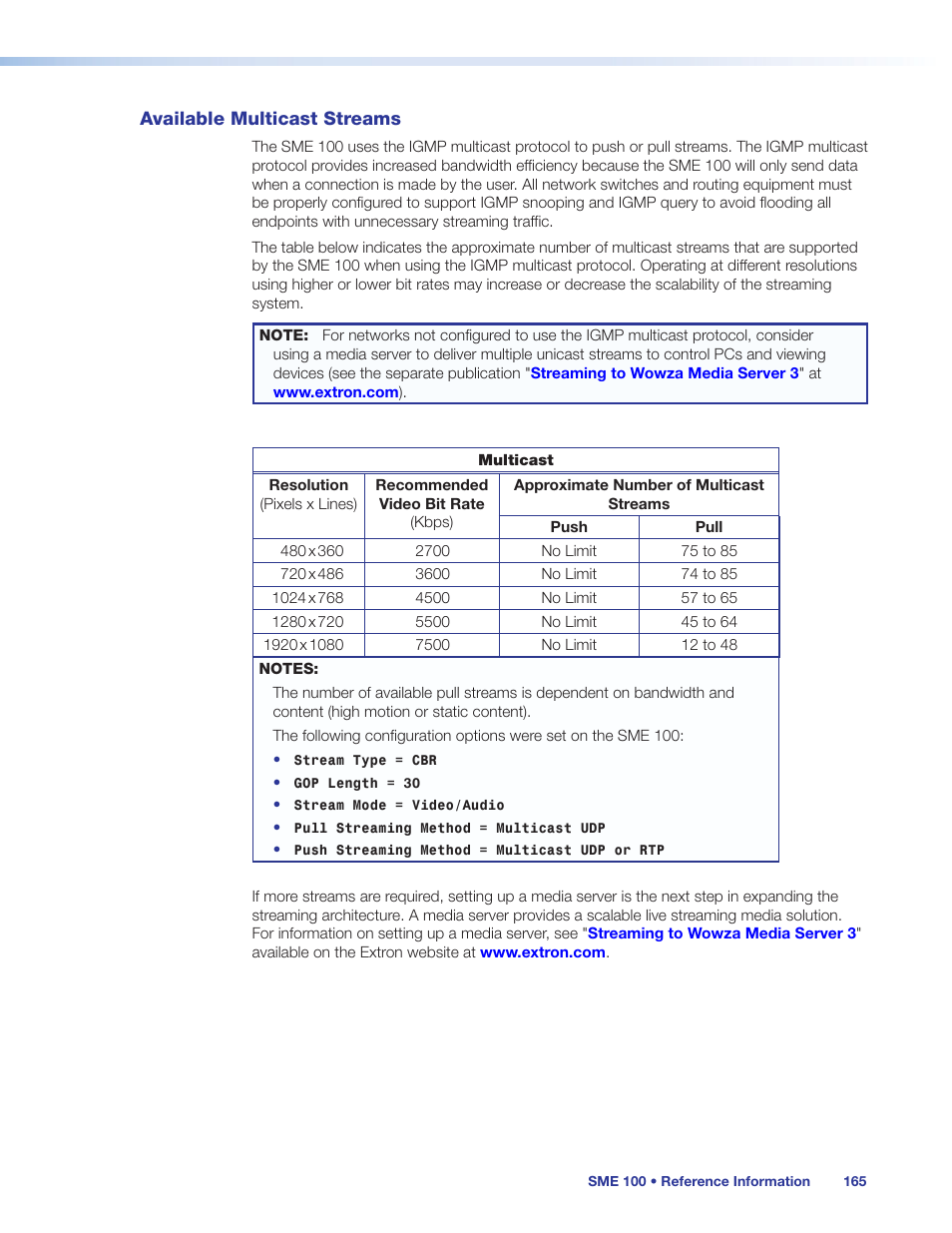 Available multicast streams | Extron Electronics SME 100 User Guide User Manual | Page 171 / 185