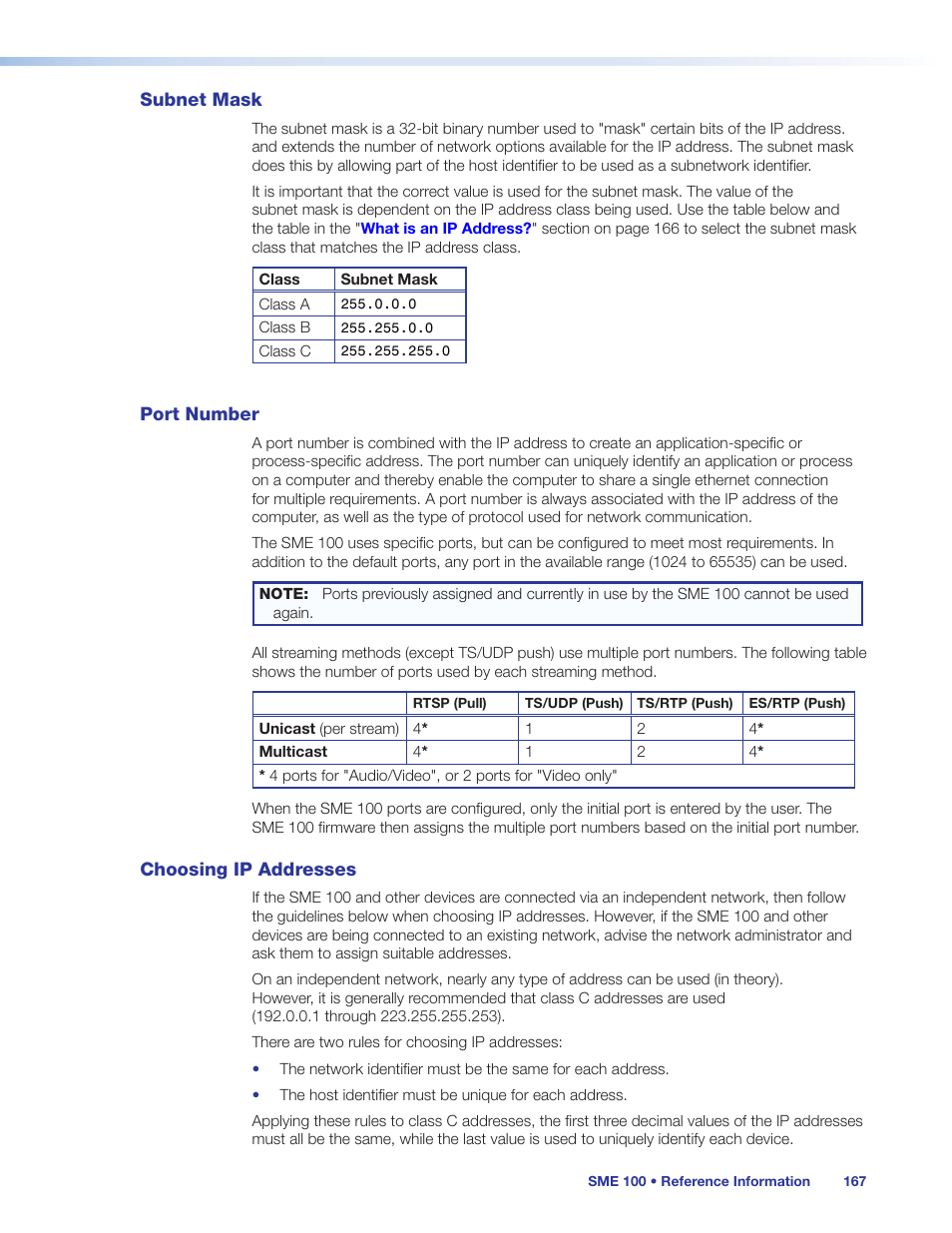 Subnet mask, Port number, Choosing ip addresses | Subnet mask port number choosing ip addresses | Extron Electronics SME 100 User Guide User Manual | Page 173 / 185