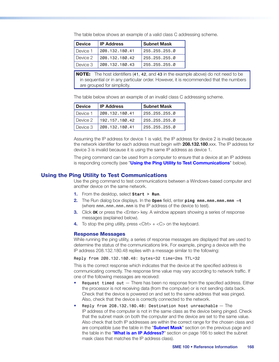 Using the ping utility to test communications, Using the ping utility, To test communications | Extron Electronics SME 100 User Guide User Manual | Page 174 / 185