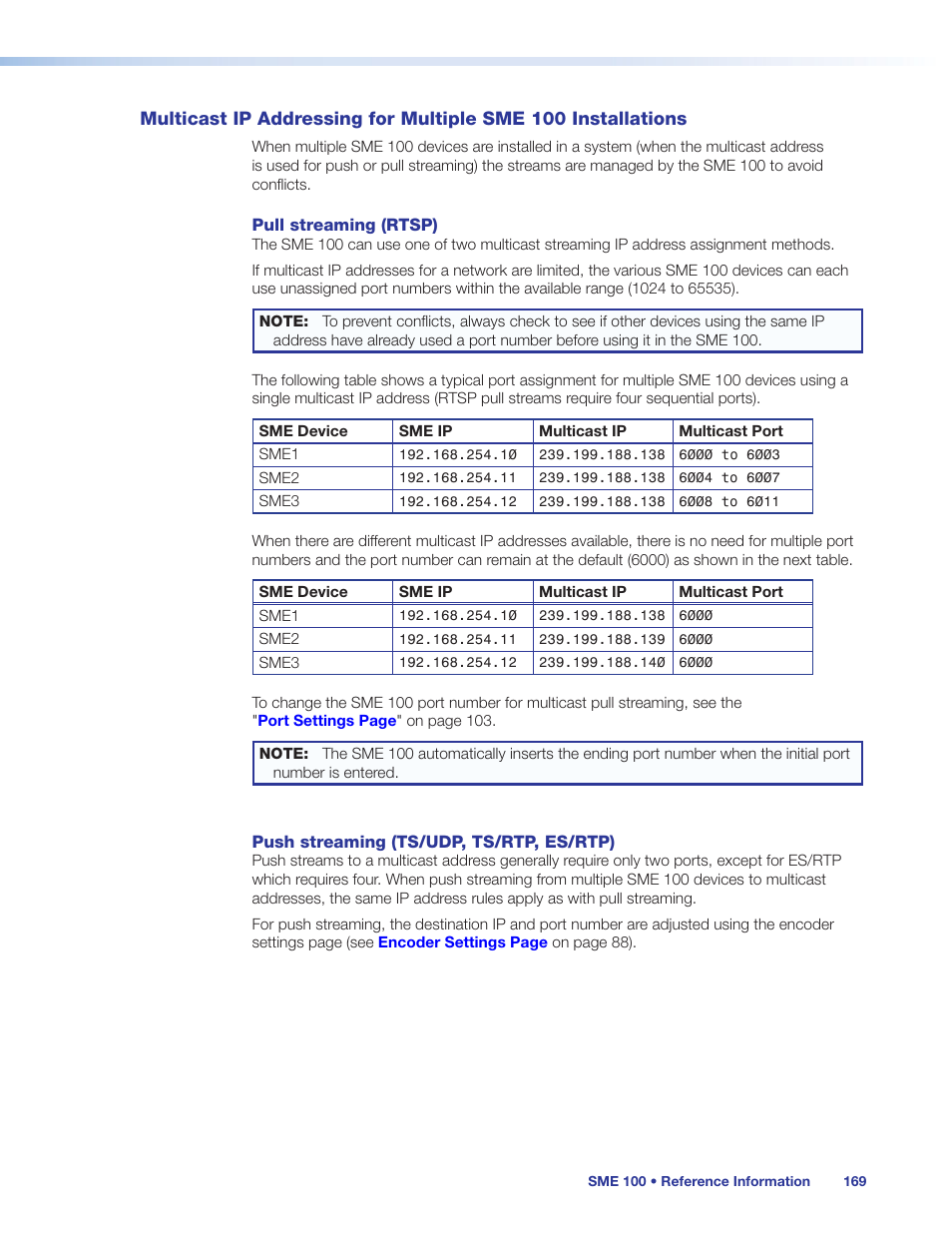 Multicast ip addressing for, Multiple sme 100 installations, Esses or port numbers (see | Extron Electronics SME 100 User Guide User Manual | Page 175 / 185