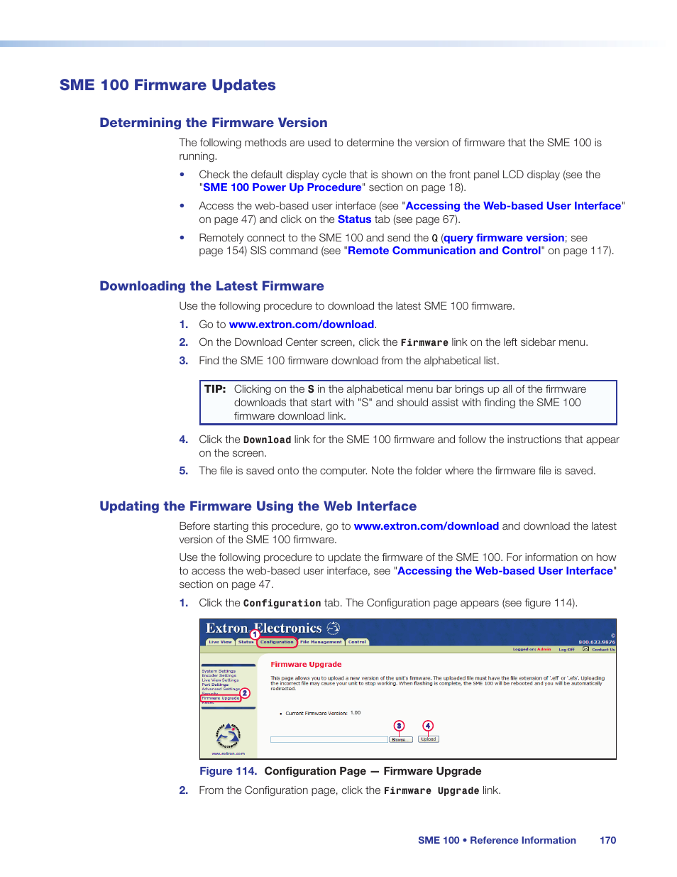 Sme 100 firmware updates, Determining the firmware version, Downloading the latest firmware | Updating the firmware using the web interface, Using the web interface, E (see, Sme 100 firmware, Updates | Extron Electronics SME 100 User Guide User Manual | Page 176 / 185