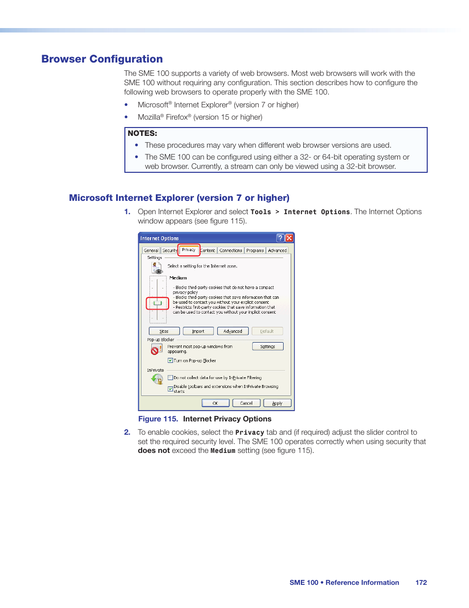 Browser configuration, Microsoft internet explorer (version 7 or higher), Microsoft internet explorer | Version 7 or higher) | Extron Electronics SME 100 User Guide User Manual | Page 178 / 185