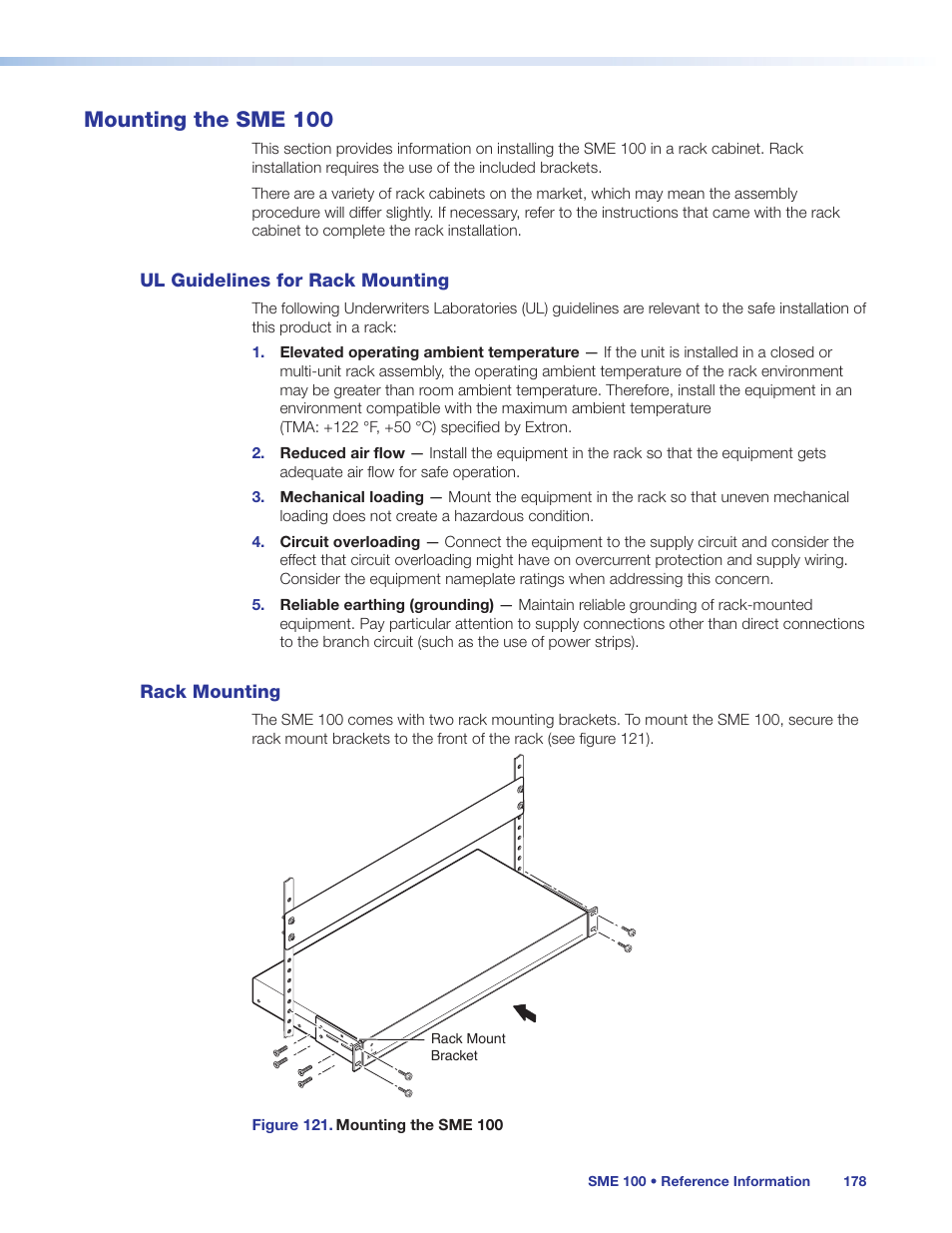 Mounting the sme 100, Ul guidelines for rack mounting, Rack mounting | Ul guidelines for rack mounting rack mounting, As described in the, Mounting, Section on | Extron Electronics SME 100 User Guide User Manual | Page 184 / 185