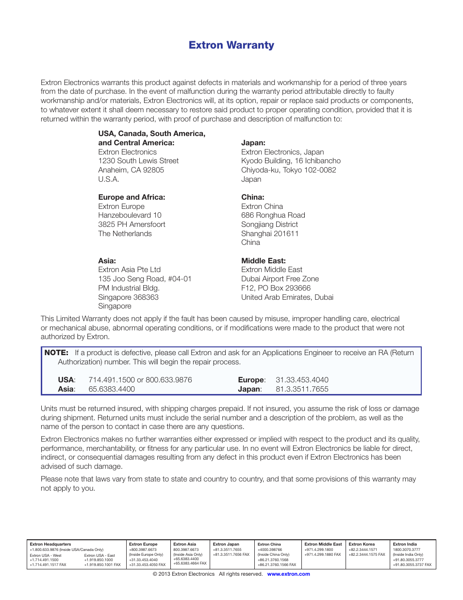 Contact information, Extron warranty | Extron Electronics SME 100 User Guide User Manual | Page 185 / 185