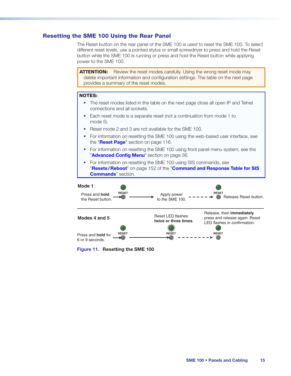 Resetting the sme 100 using the rear panel, Resetting the sme 100, Using the rear panel | Eset button on the sme 100, see the, Resetting the sme 100 using the, Rear panel | Extron Electronics SME 100 User Guide User Manual | Page 21 / 185