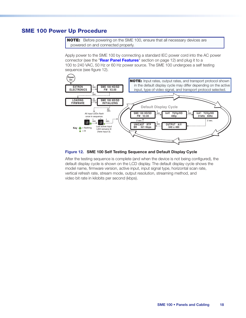 Sme 100 power up procedure, Sme 100 power up, Procedure | Sequence (see, Default display cycle | Extron Electronics SME 100 User Guide User Manual | Page 24 / 185