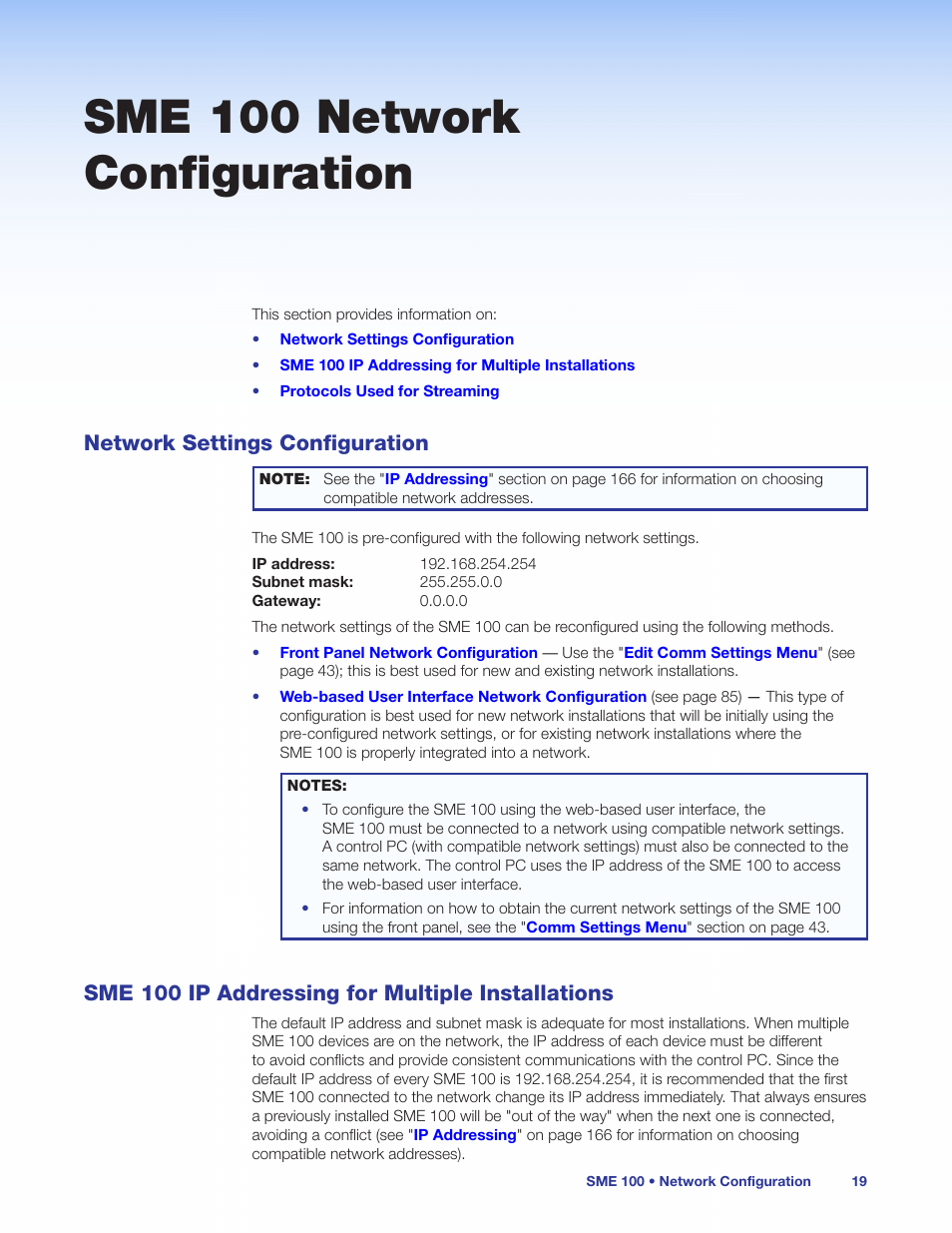 Sme 100 network configuration, Network settings configuration, Sme 100 ip addressing for multiple installations | Extron Electronics SME 100 User Guide User Manual | Page 25 / 185