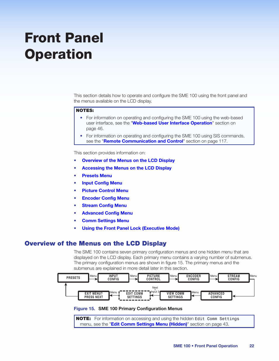 Front panel operation, Overview of the menus on the lcd display, Ont panel (see the | Extron Electronics SME 100 User Guide User Manual | Page 28 / 185