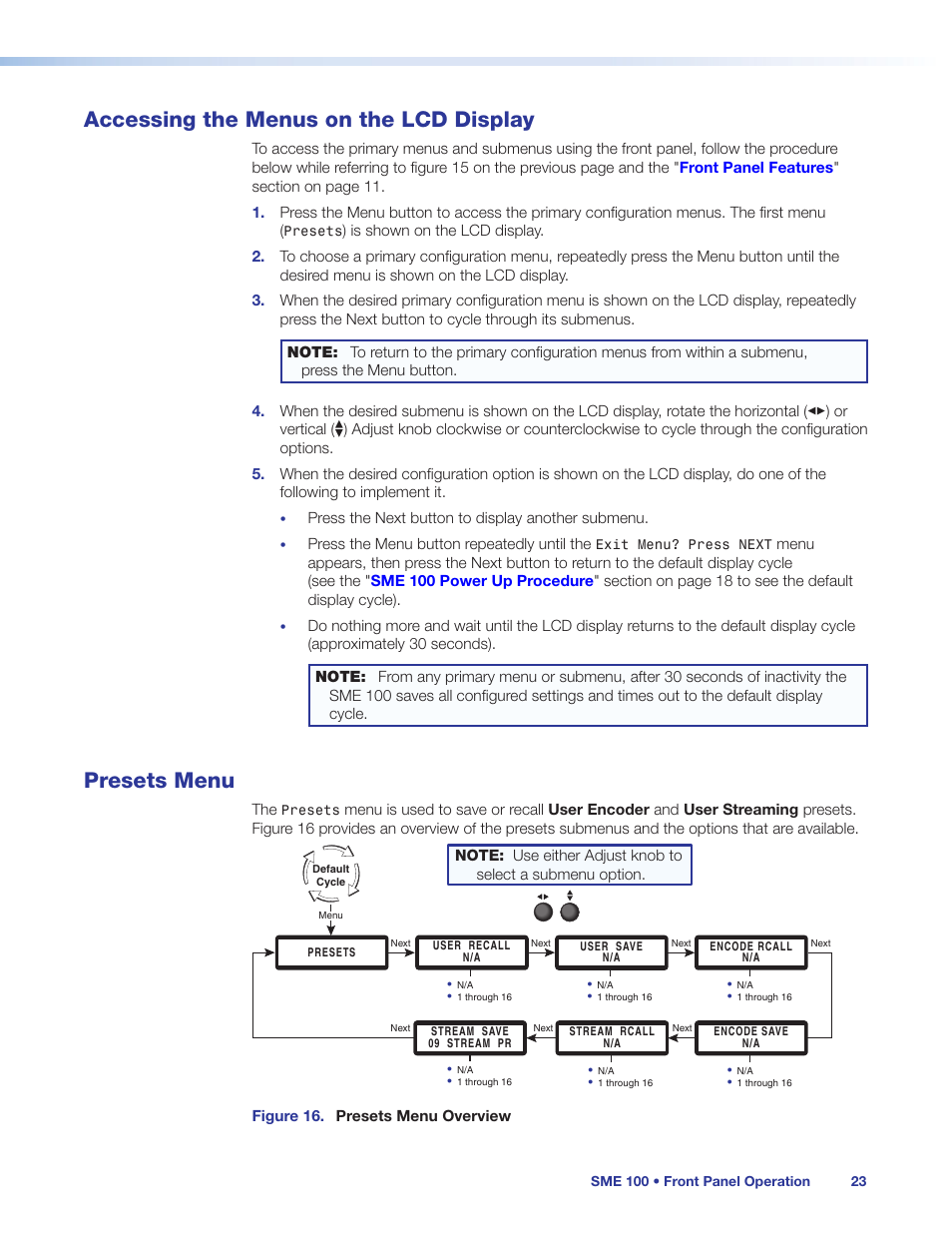 Accessing the menus on the lcd display, Presets menu, Accessing the | Menus on the lcd display, The menu and next buttons, see the | Extron Electronics SME 100 User Guide User Manual | Page 29 / 185