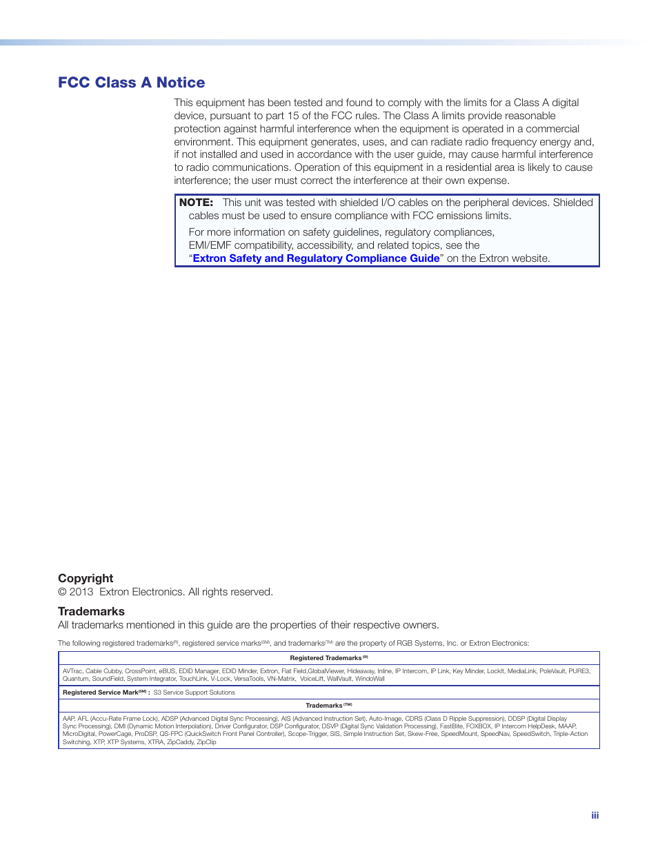Fcc class a notice, Copyright, Trademarks | 2013 extron electronics. all rights reserved | Extron Electronics SME 100 User Guide User Manual | Page 3 / 185
