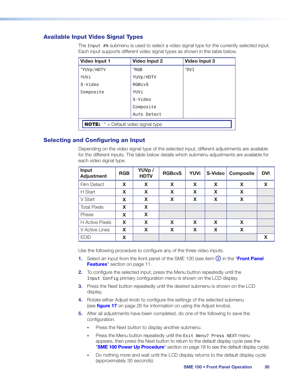 Available input video signal types, Selecting and configuring an input | Extron Electronics SME 100 User Guide User Manual | Page 36 / 185