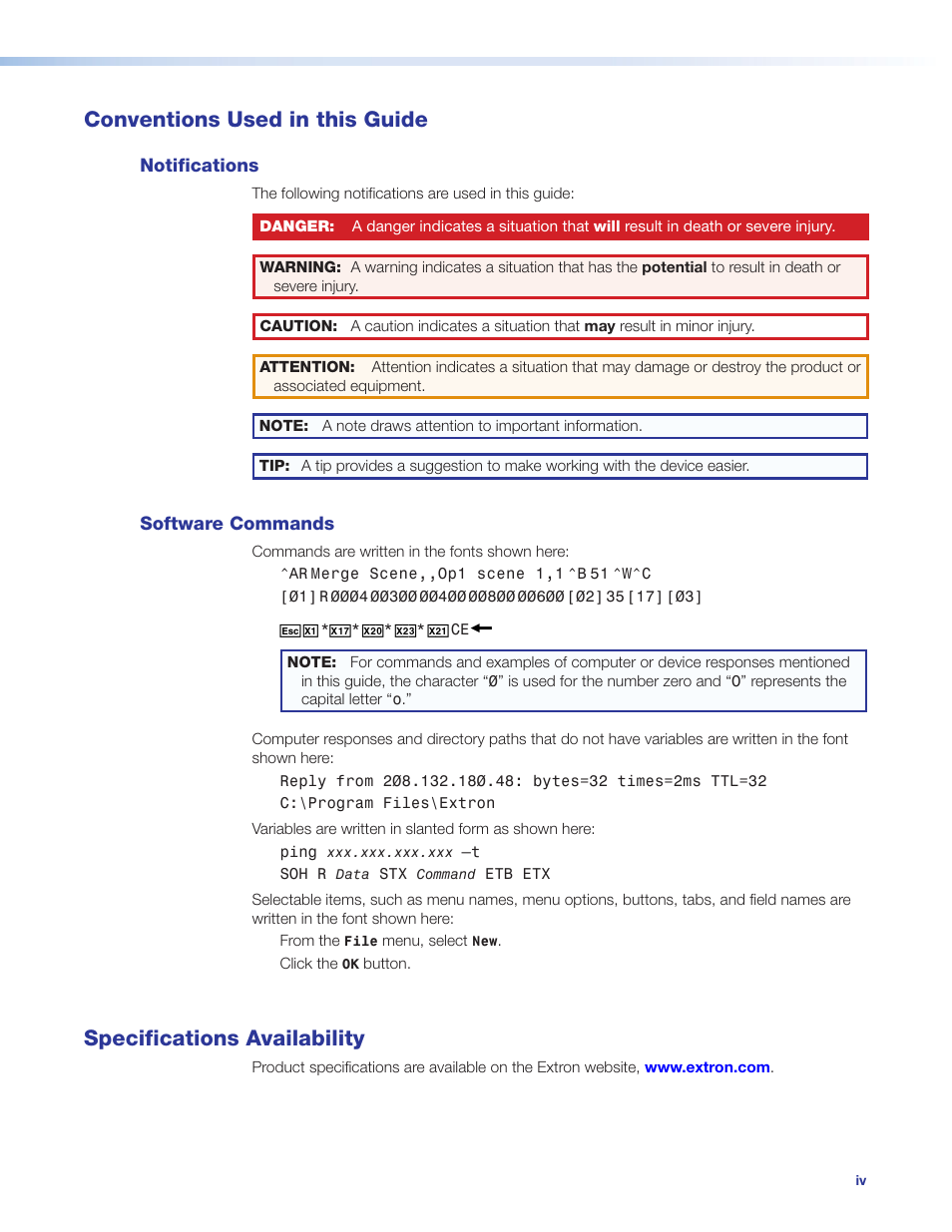 Conventions used in this guide, Specifications availability | Extron Electronics SME 100 User Guide User Manual | Page 4 / 185