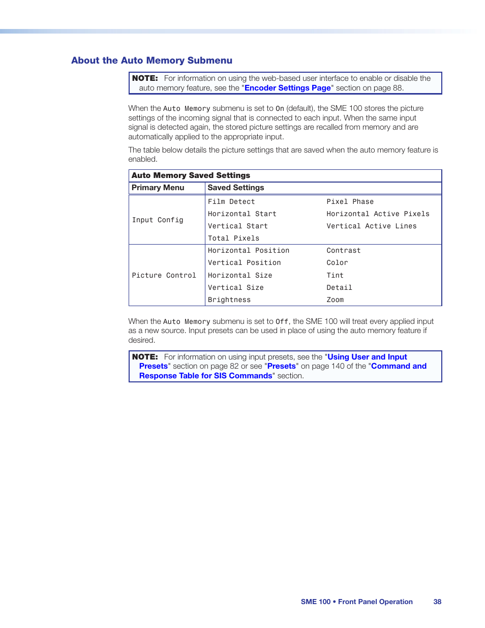 About the auto memory submenu | Extron Electronics SME 100 User Guide User Manual | Page 44 / 185