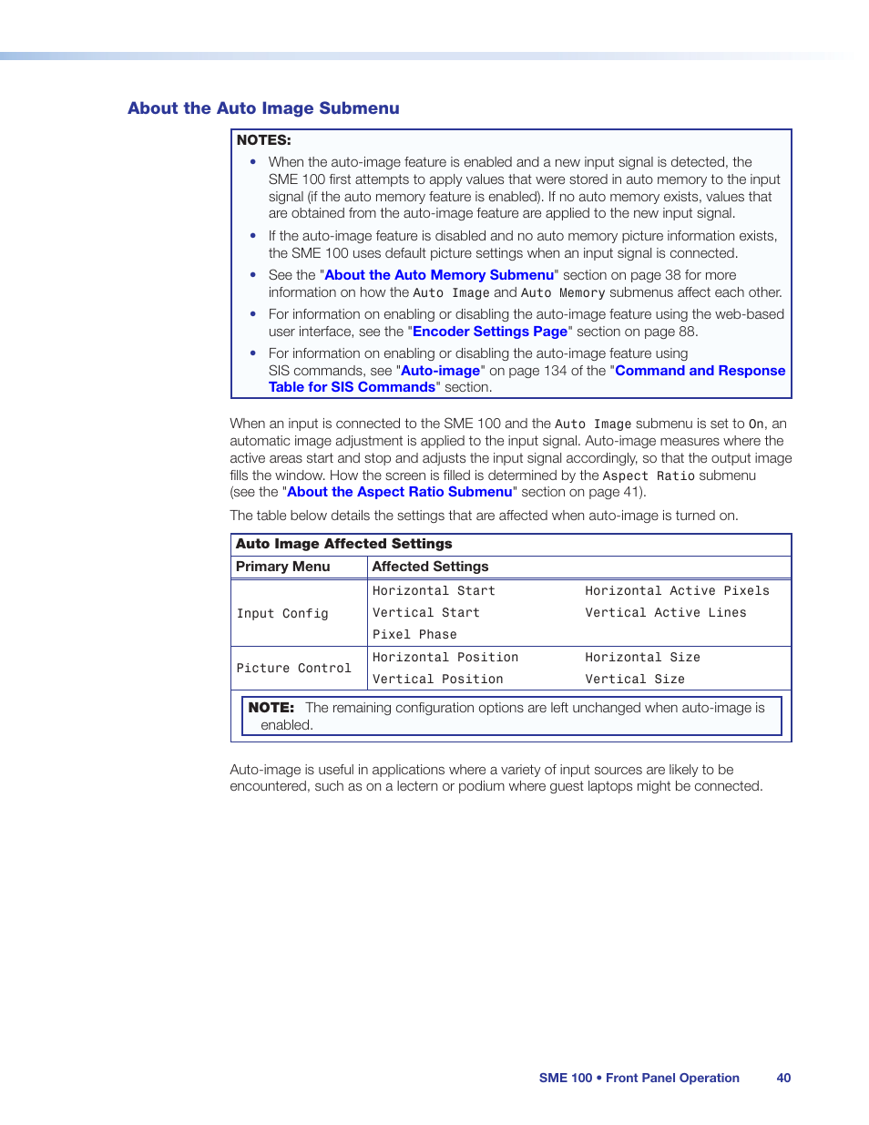 About the auto image submenu, Ently selected input. see the | Extron Electronics SME 100 User Guide User Manual | Page 46 / 185