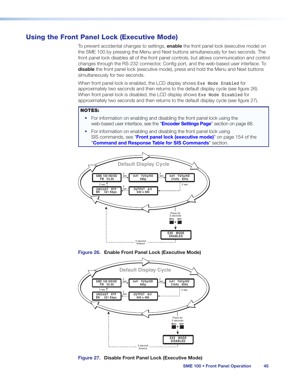 Using the front panel lock (executive mode), Using the front panel lock, Executive mode) | Default display cycle | Extron Electronics SME 100 User Guide User Manual | Page 51 / 185