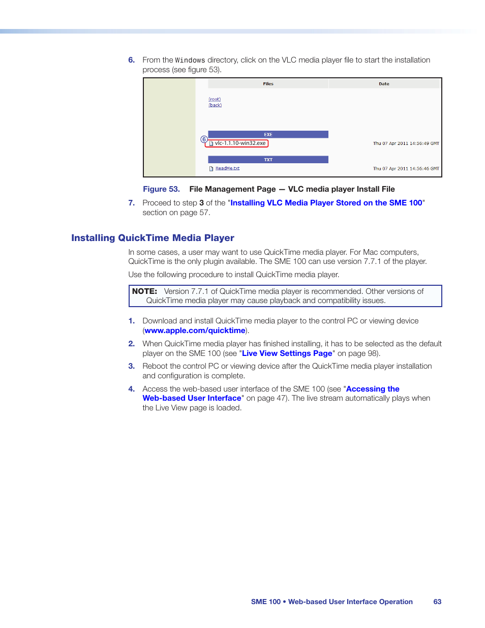 Installing quicktime media player | Extron Electronics SME 100 User Guide User Manual | Page 69 / 185