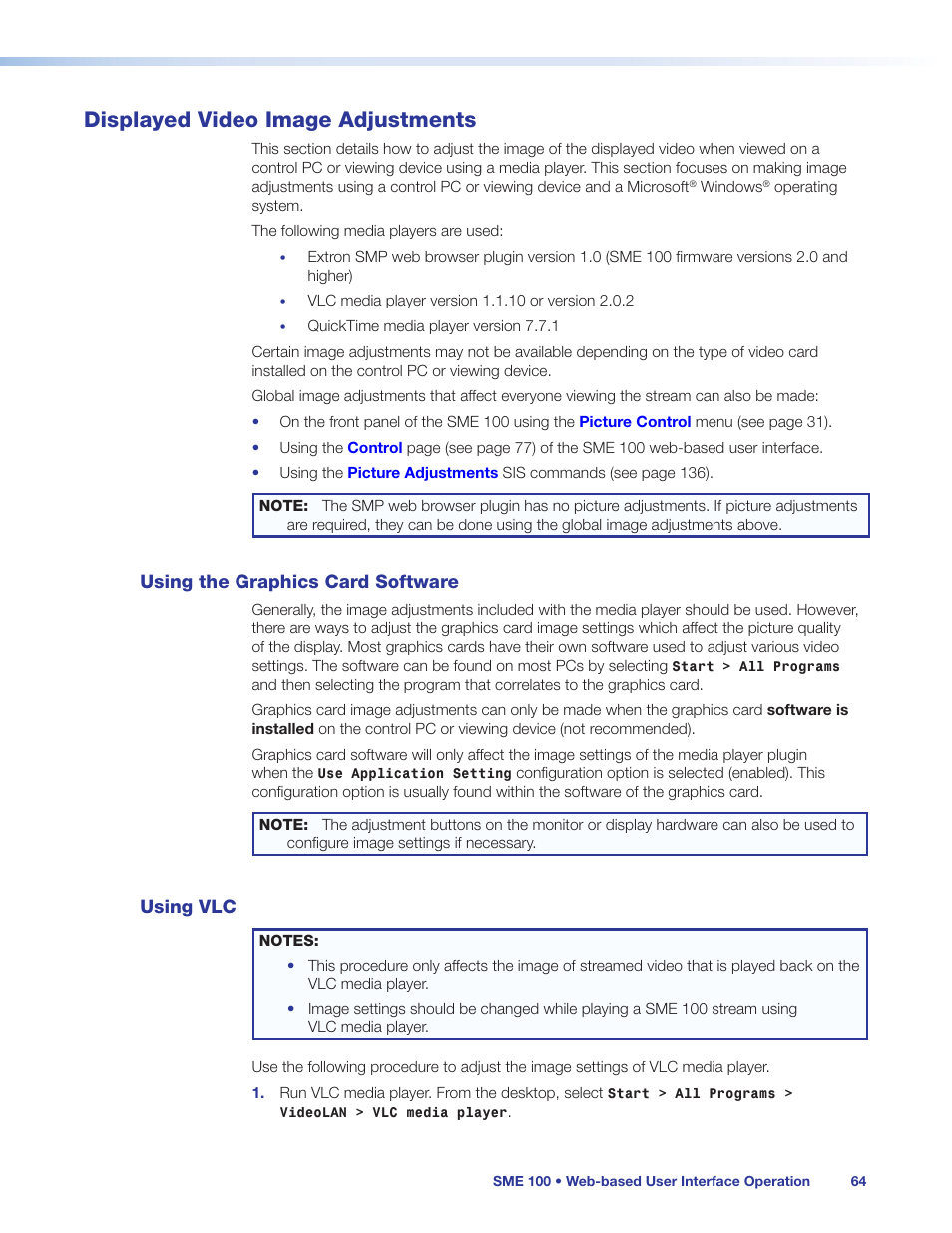 Displayed video image adjustments, Using the graphics card software, Using vlc | Using the graphics card software using vlc | Extron Electronics SME 100 User Guide User Manual | Page 70 / 185