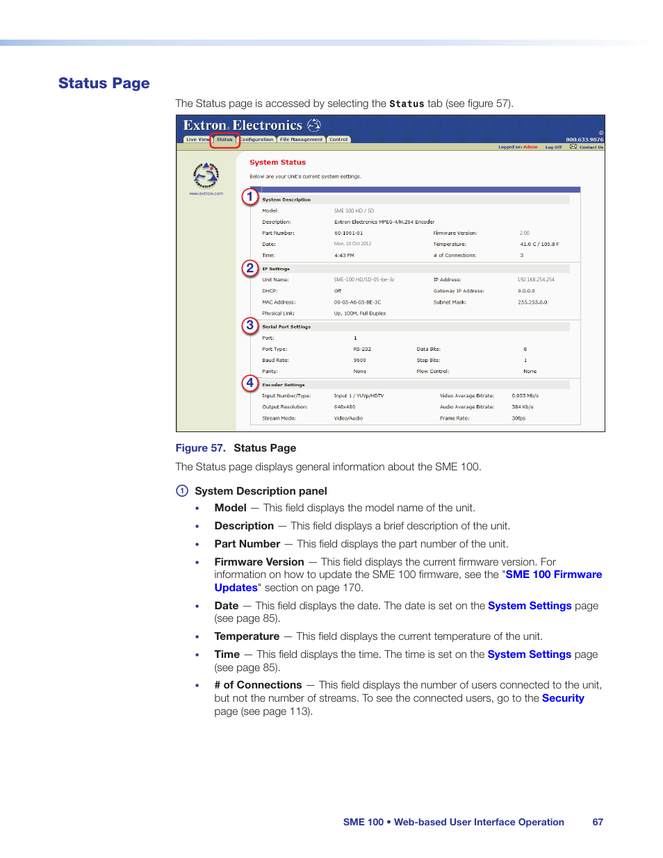 Status page | Extron Electronics SME 100 User Guide User Manual | Page 73 / 185