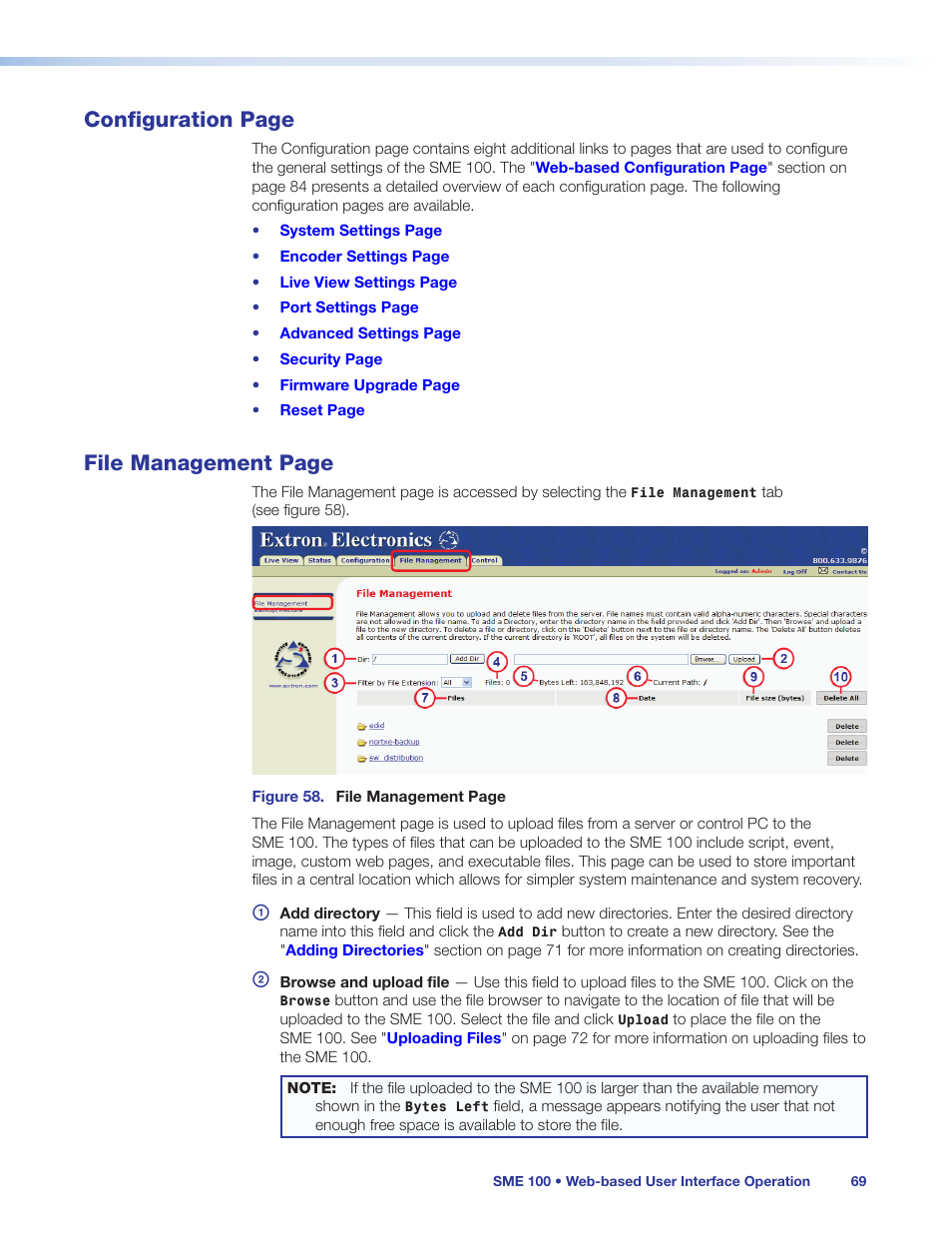 Configuration page, File management page | Extron Electronics SME 100 User Guide User Manual | Page 75 / 185