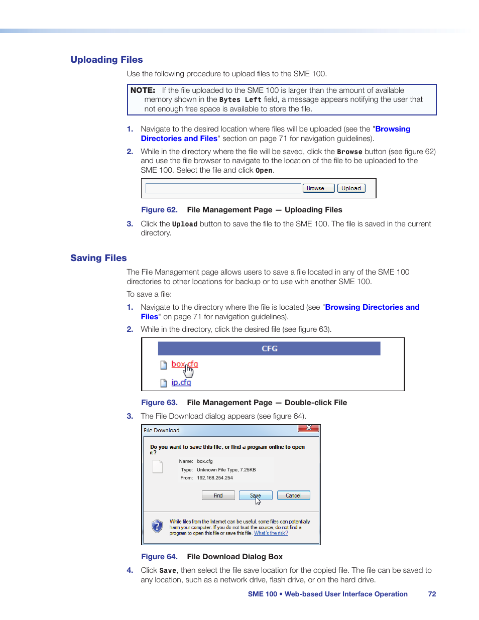 Uploading files, Saving files, Uploading files saving files | Extron Electronics SME 100 User Guide User Manual | Page 78 / 185