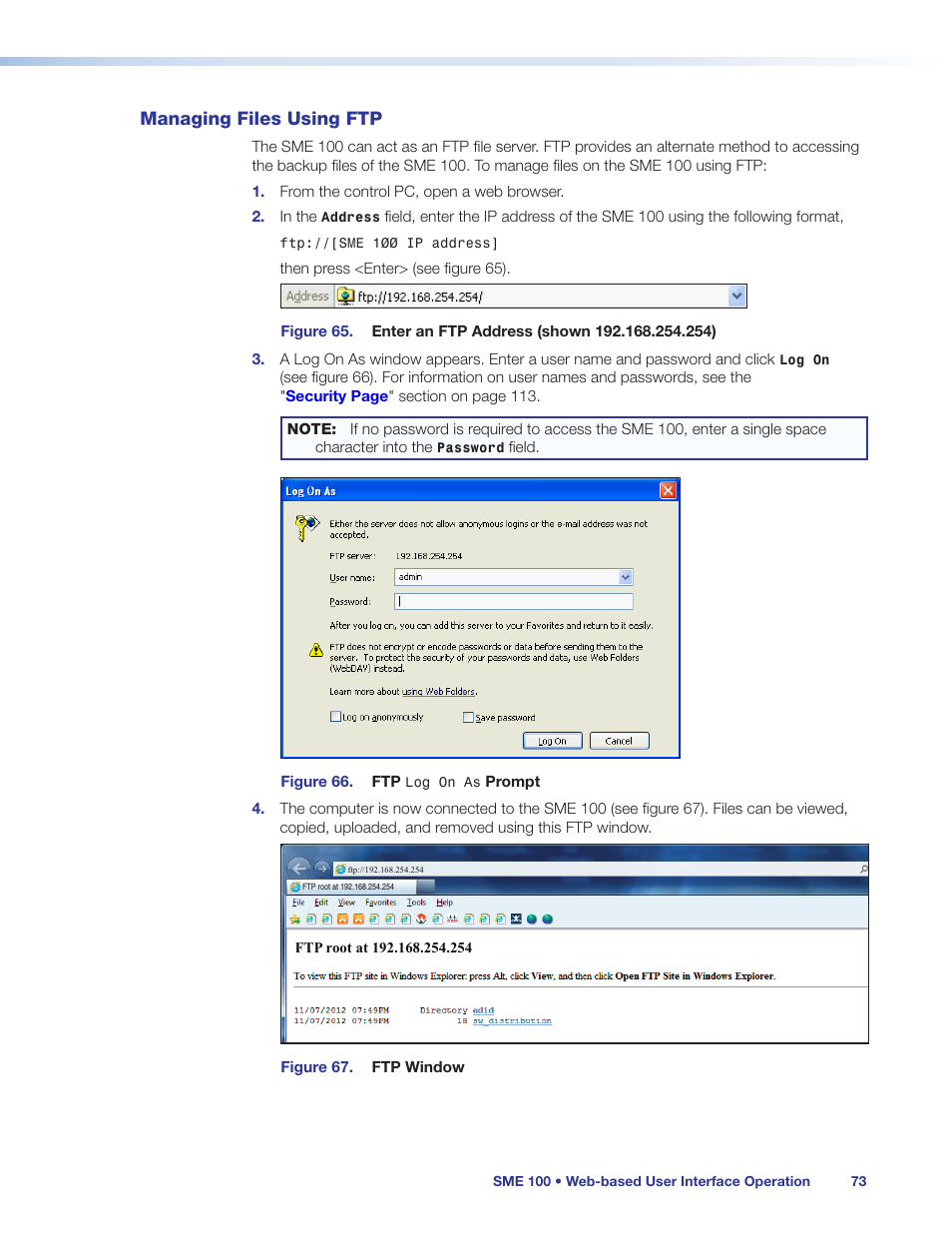 Managing files using ftp | Extron Electronics SME 100 User Guide User Manual | Page 79 / 185