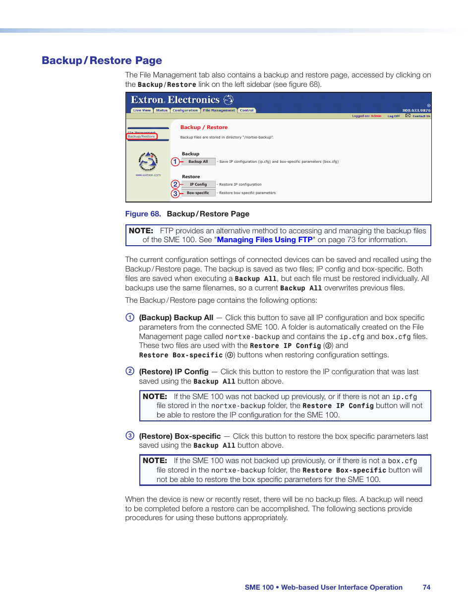 Backup / restore page | Extron Electronics SME 100 User Guide User Manual | Page 80 / 185