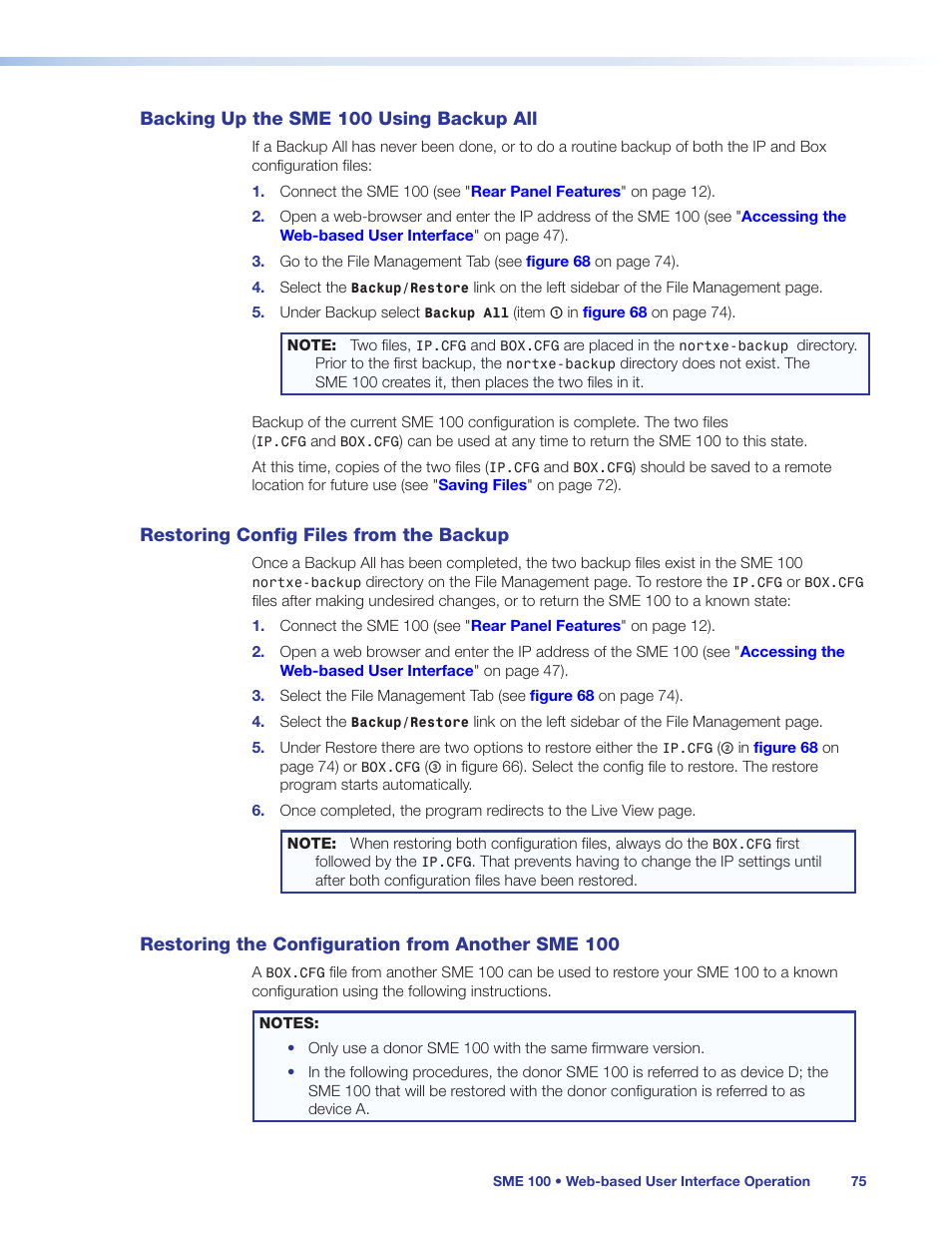 Backing up the sme 100 using backup all, Restoring config files from the backup, Restoring the configuration from another sme 100 | Backing up the sme 100, Using backup all, From another sme 100 | Extron Electronics SME 100 User Guide User Manual | Page 81 / 185