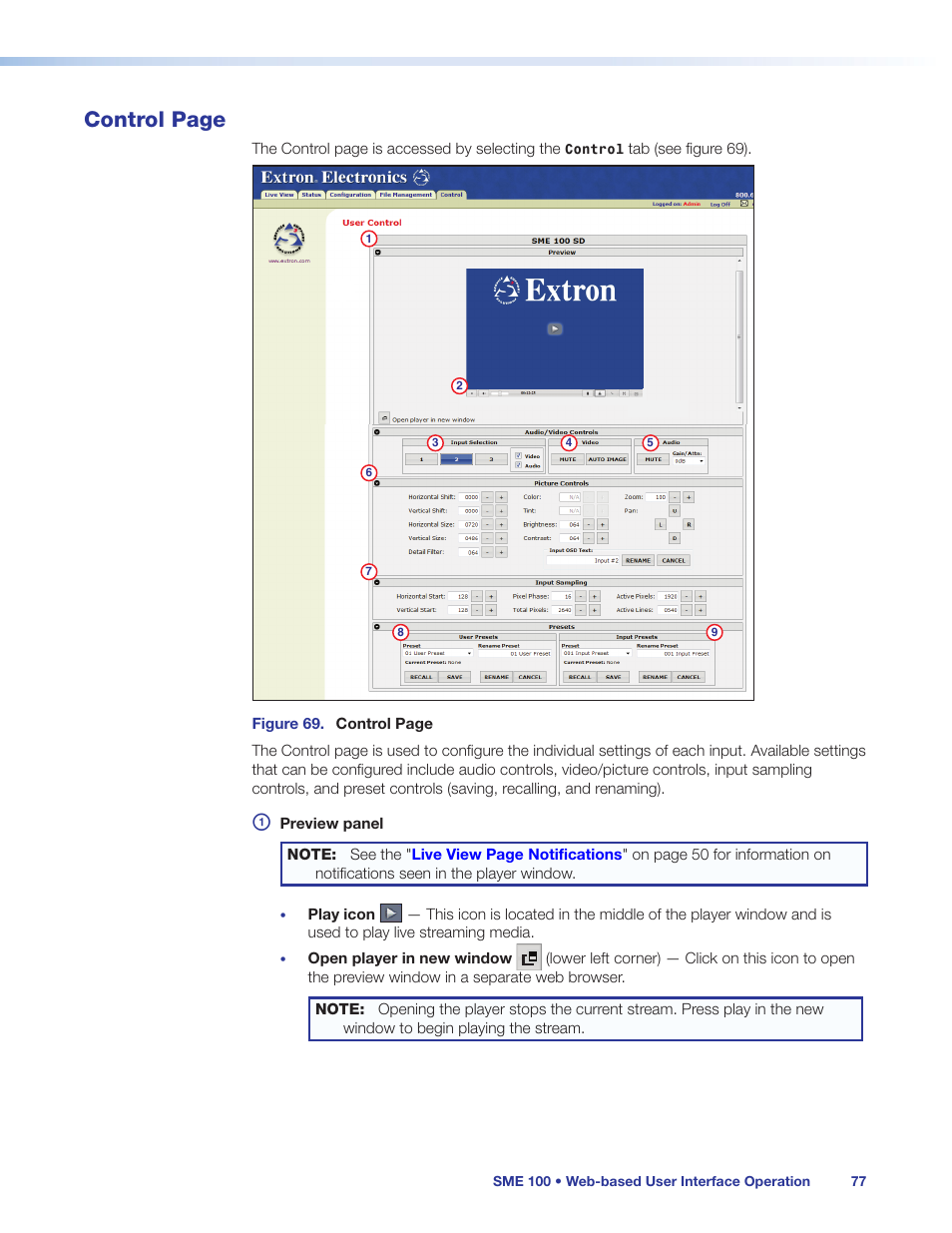 Control, Interface, see the, Using the | Control page | Extron Electronics SME 100 User Guide User Manual | Page 83 / 185