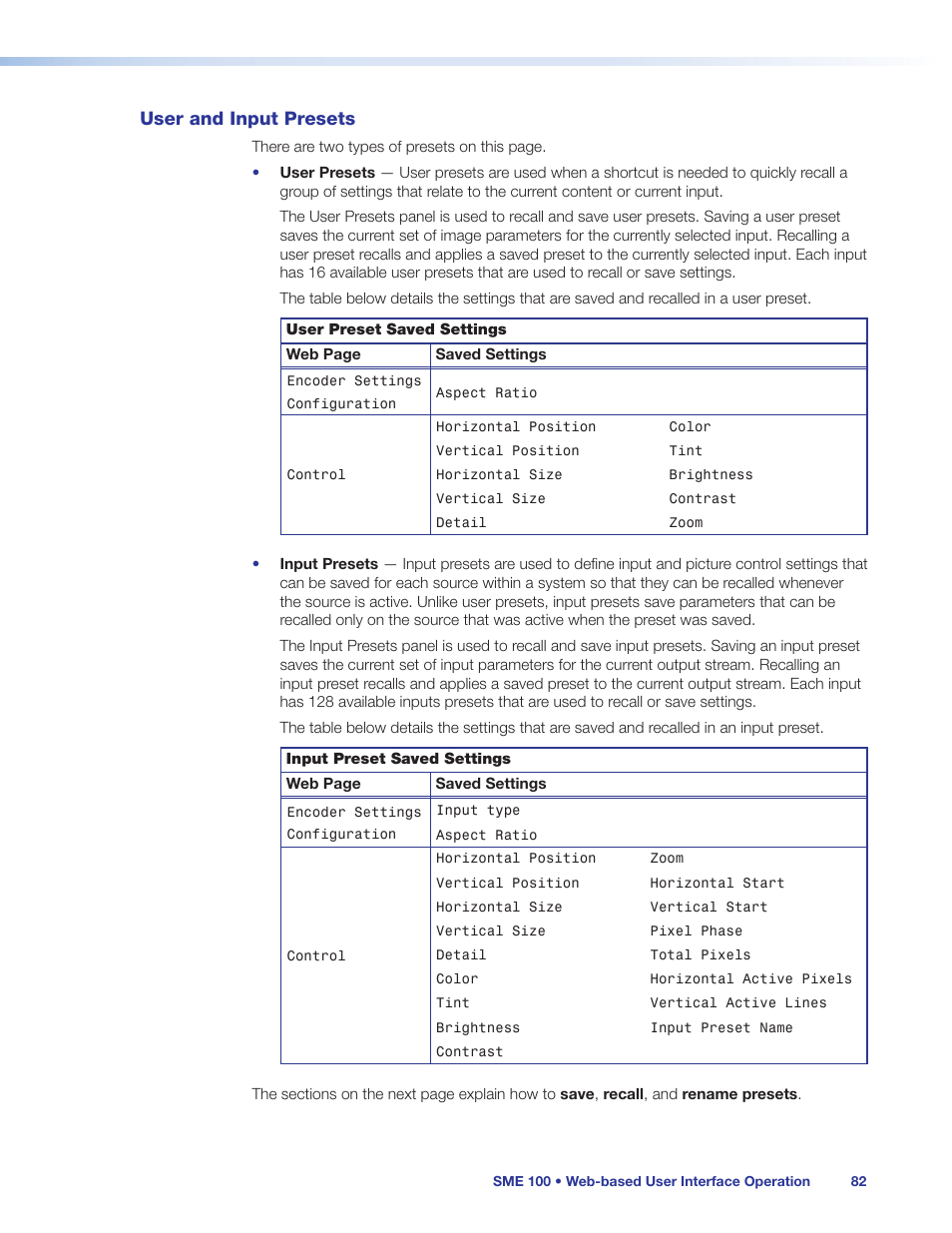 User and input presets | Extron Electronics SME 100 User Guide User Manual | Page 88 / 185