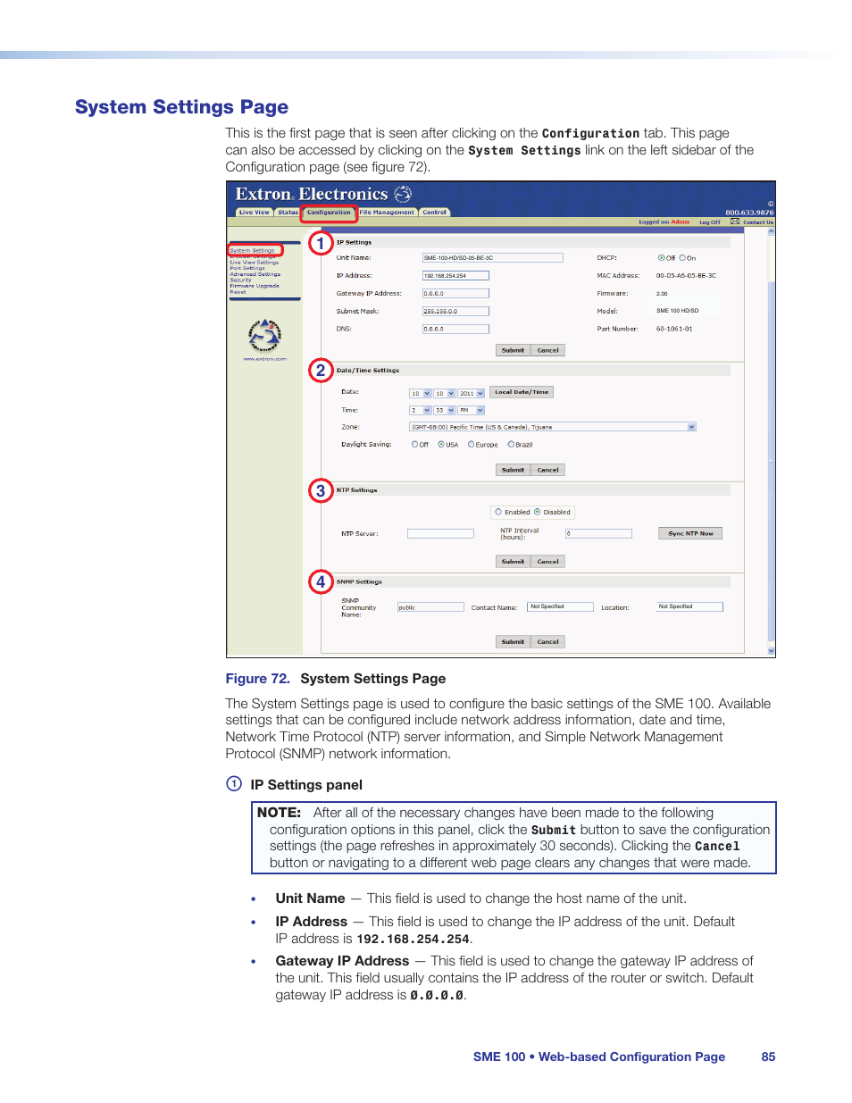 Ol pc connected to the sme 100 network, see the, Web-based user interface network configuration, System settings | Changed on the, System settings page | Extron Electronics SME 100 User Guide User Manual | Page 91 / 185