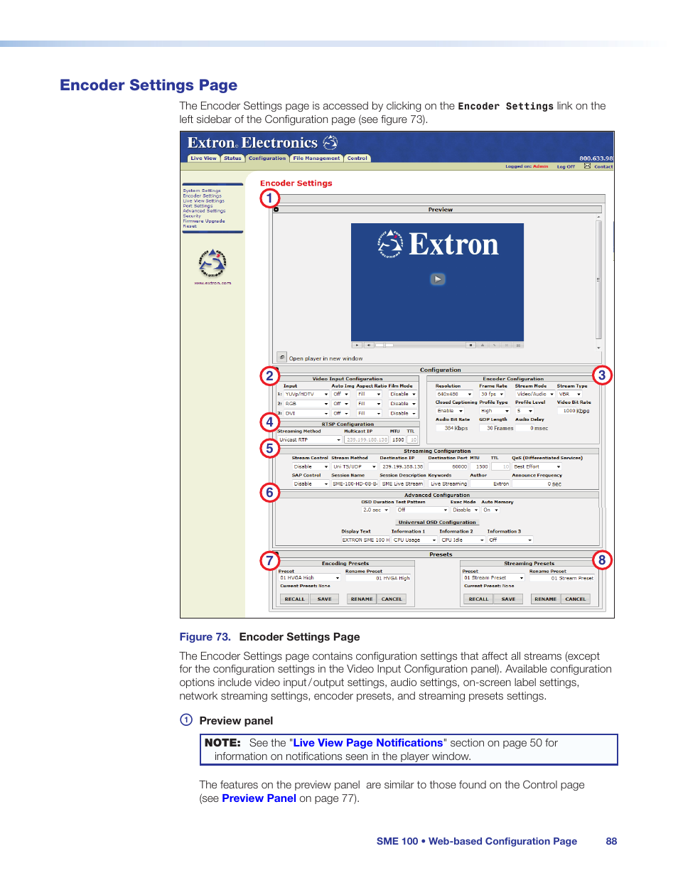 User interface, see the, Esolution can be set on the, Encoder settings | Esolution can be changed on the, Eam mode can be changed on the, Encoder settings page | Extron Electronics SME 100 User Guide User Manual | Page 94 / 185