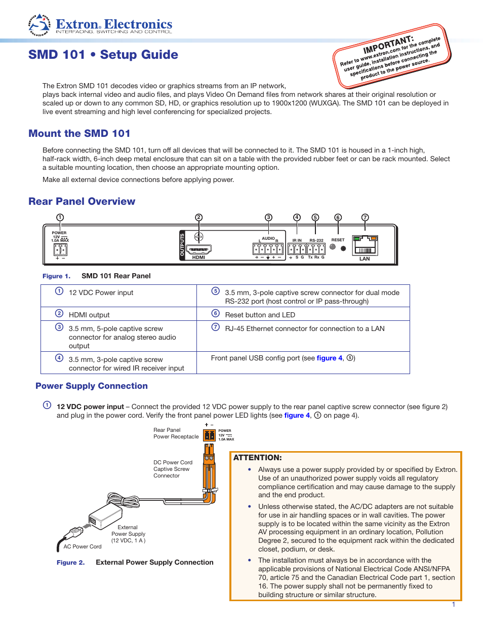 Extron Electronics SMD 101 Setup Guide User Manual | 8 pages