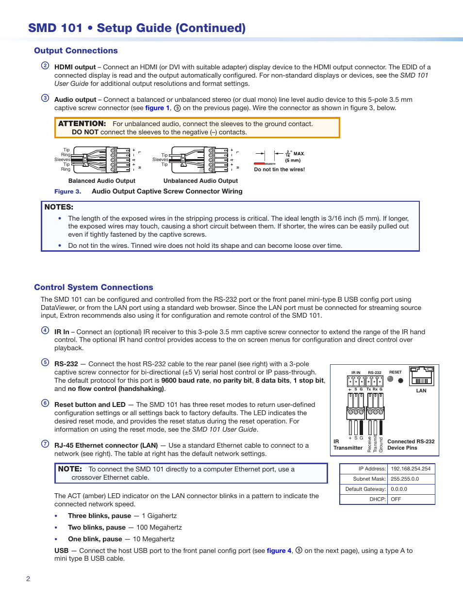Smd 101 • setup guide (continued), Output connections, Control system connections | Extron Electronics SMD 101 Setup Guide User Manual | Page 2 / 8
