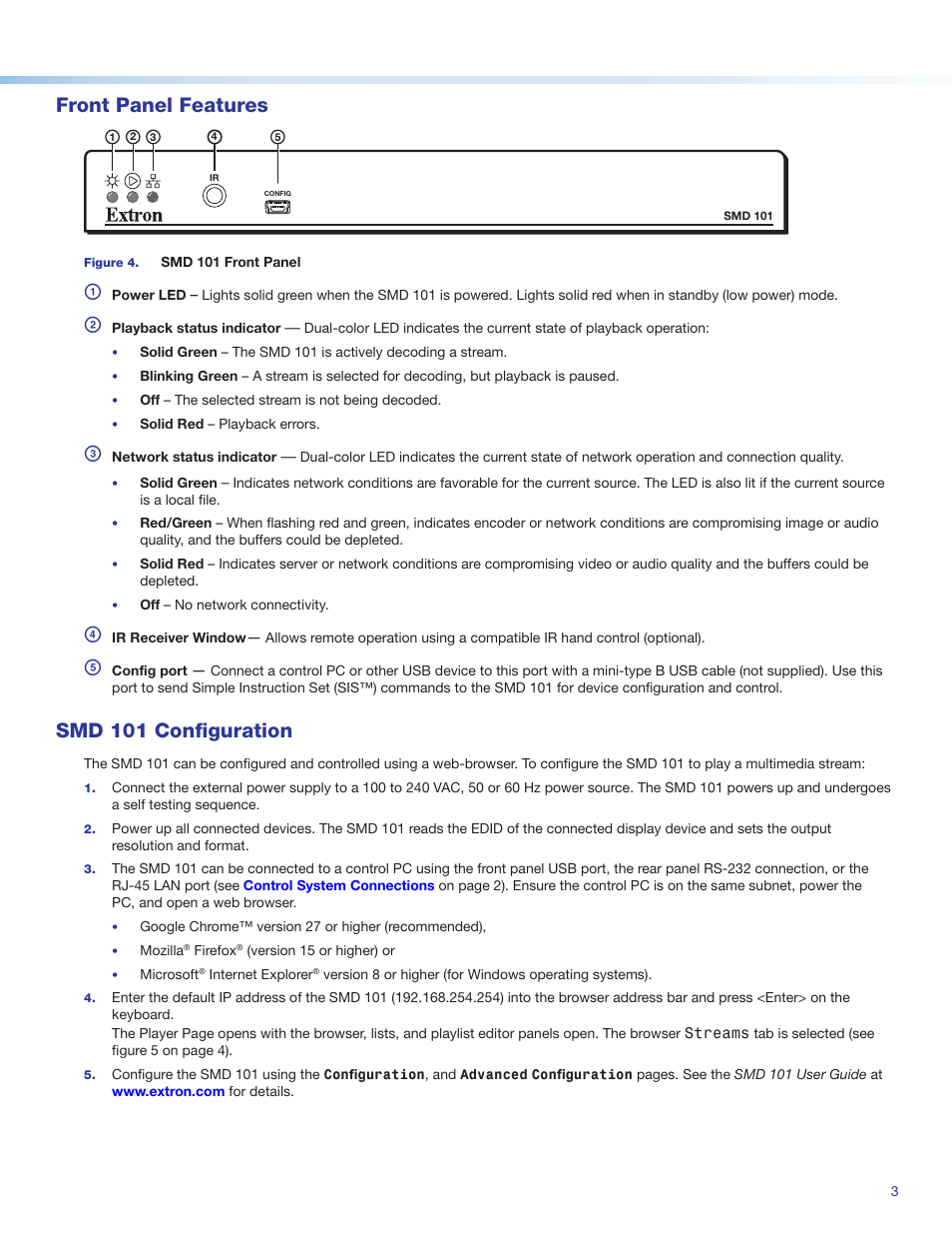 Front panel features, Smd 101 configuration | Extron Electronics SMD 101 Setup Guide User Manual | Page 3 / 8