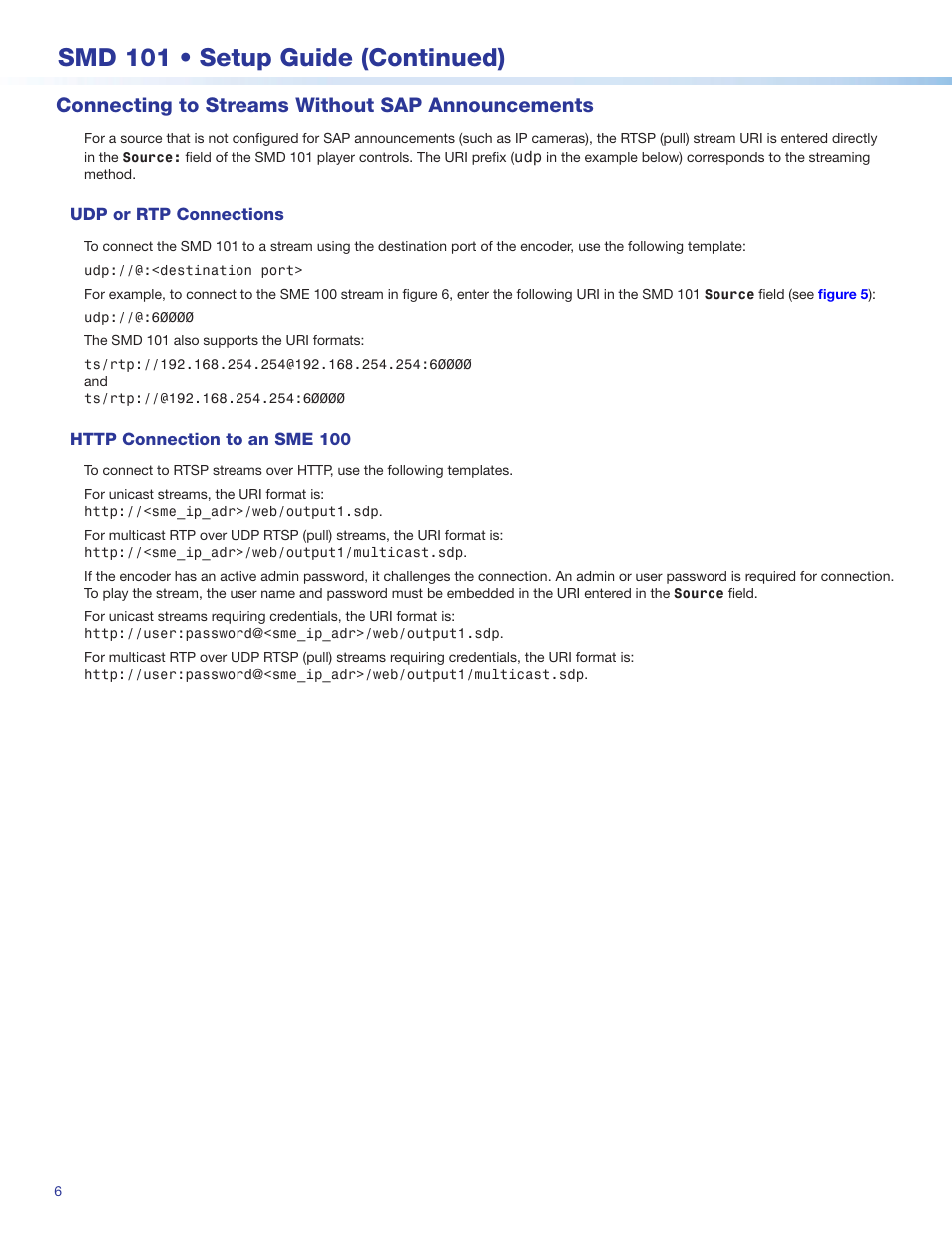Smd 101 • setup guide (continued), Connecting to streams without sap announcements | Extron Electronics SMD 101 Setup Guide User Manual | Page 6 / 8