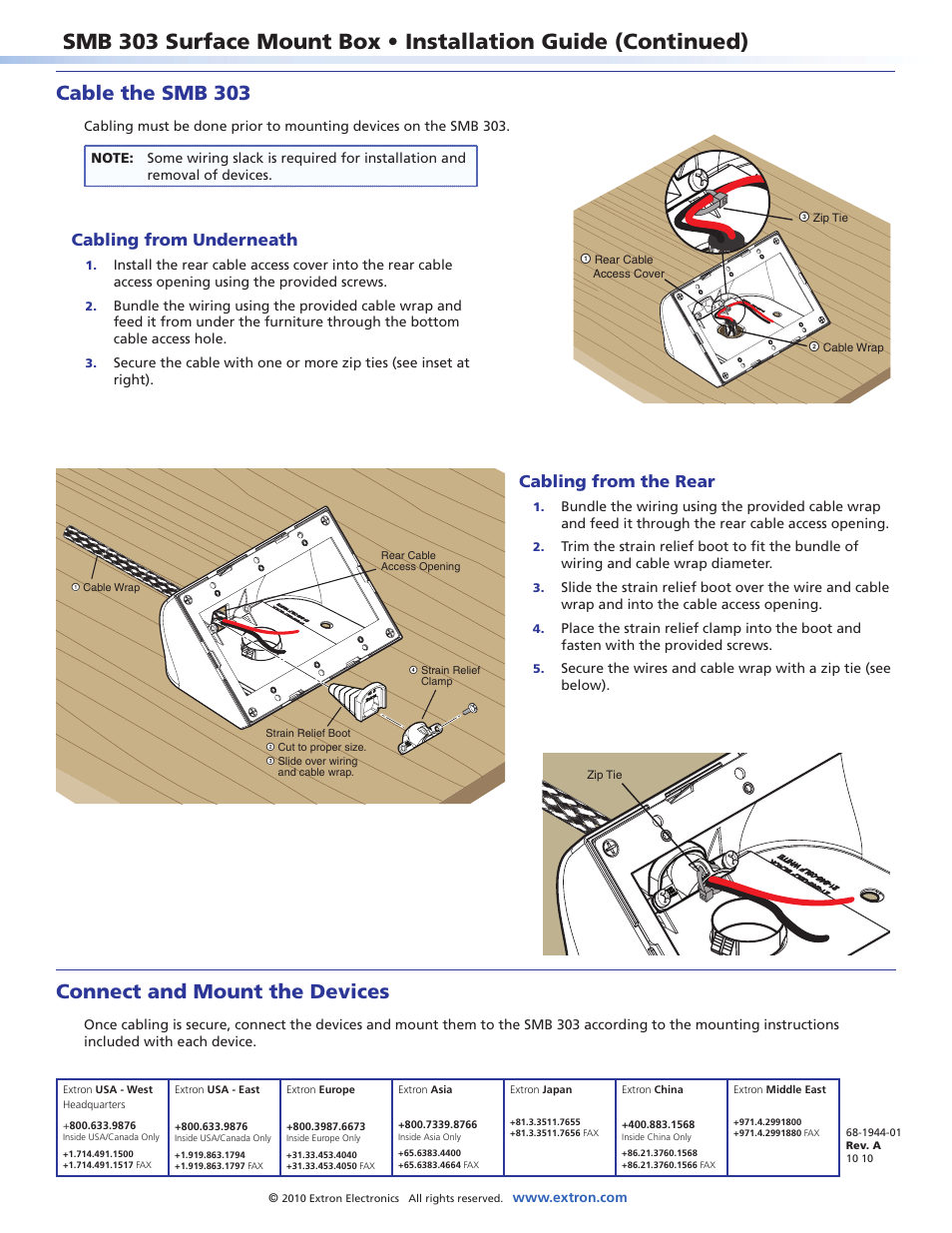 Cable the smb 303, Cable wrap connect and mount the devices, Cabling from the rear | Cabling from underneath | Extron Electronics SMB 303 User Manual | Page 2 / 2
