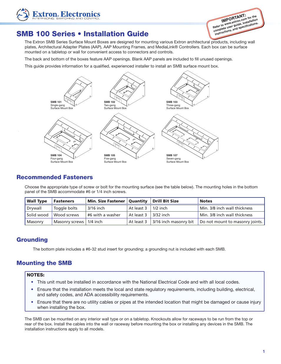 Extron Electronics SMB 100 Series Installation User Manual | 2 pages