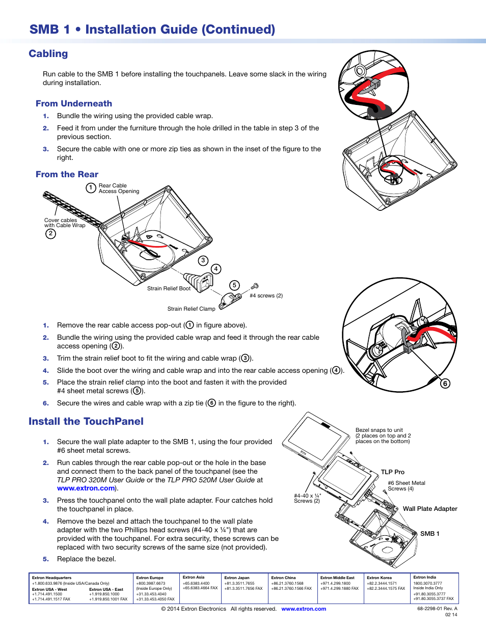 Smb 1 • installation guide (continued), Cabling, Install the touchpanel | Extron Electronics SMB 1 Installation User Manual | Page 2 / 2