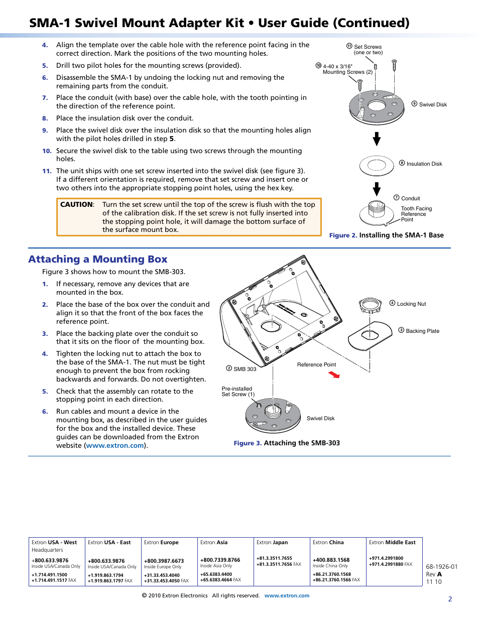 Attaching a mounting box, Extron contact information | Extron Electronics SMA-1 User Guide User Manual | Page 2 / 2