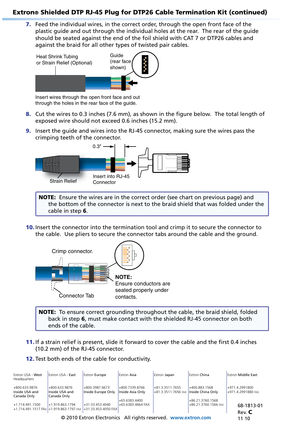 Feed wires into guide, Insert wires into rj-45 connector, Crimp wires | Test cable, Extron contact information, Extron | Extron Electronics Extron Shielded DTP RJ-45 Plug for DTP26 Cable User Manual | Page 2 / 2