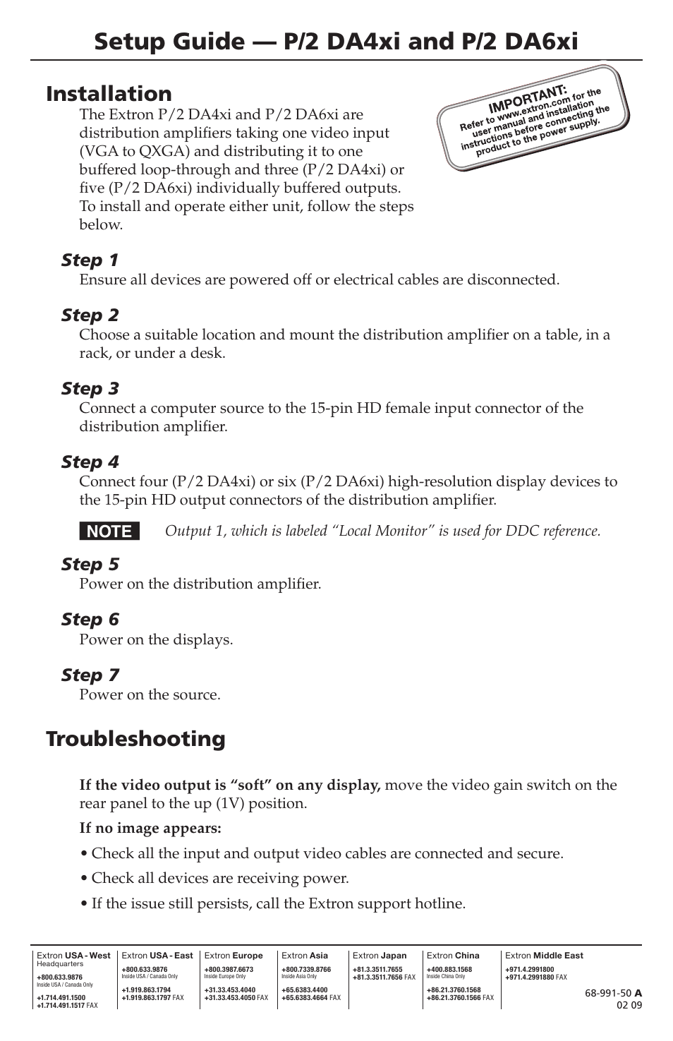 Extron Electronics P-2 DA6xi Setup Guide User Manual | 1 page