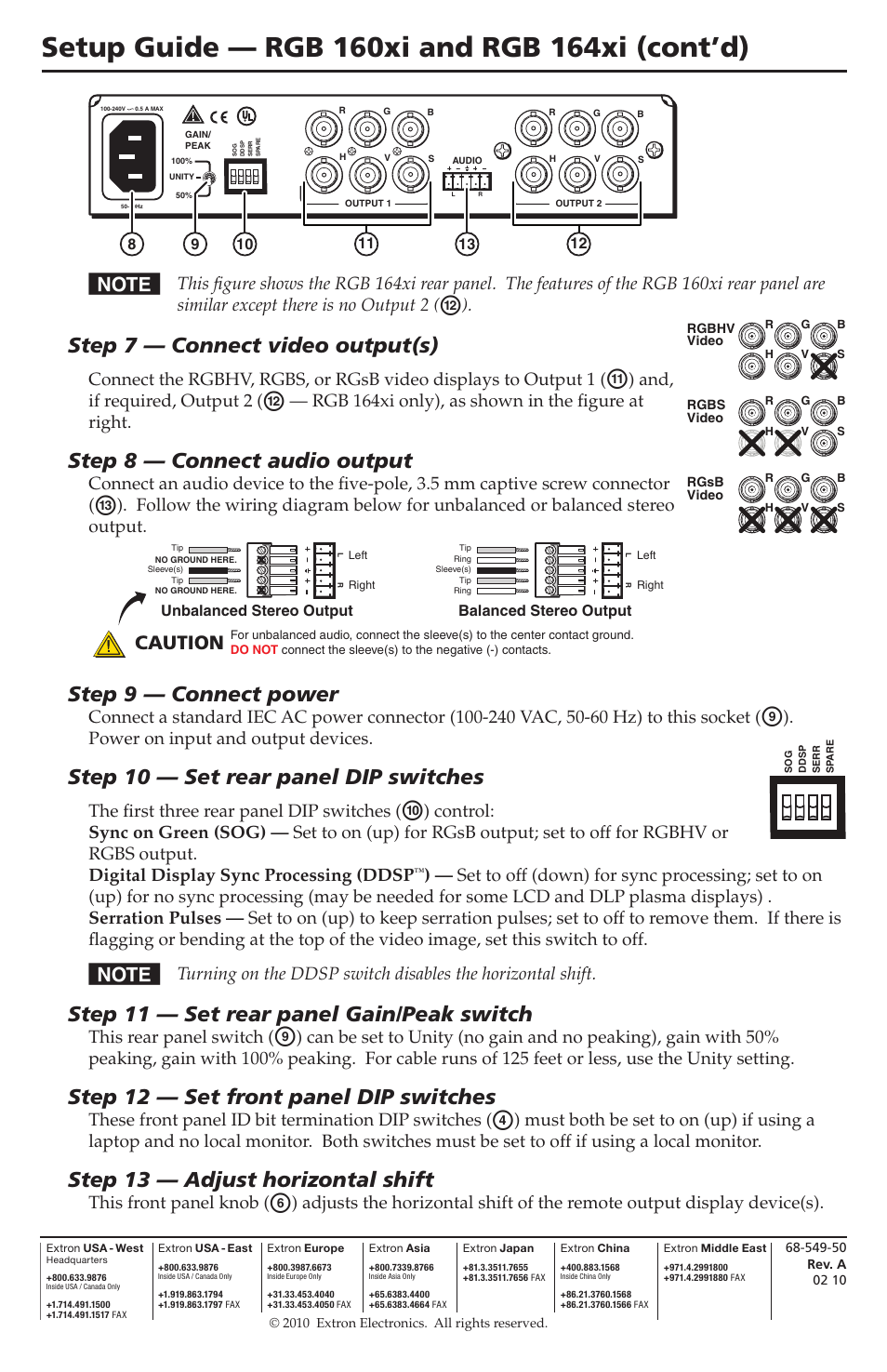 Video and audio output, Rear panel dip switches, Gain/peak | Front panel dip switches, Horizontal shift, Extron contact information, Step 7 — connect video output(s), Step 8 — connect audio output, Step 9 — connect power, Step 10 — set rear panel dip switches | Extron Electronics RGB 164xi Setup Guide User Manual | Page 2 / 2