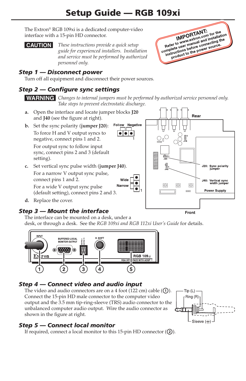 Extron Electronics RGB 109xi Setup Guide User Manual | 2 pages