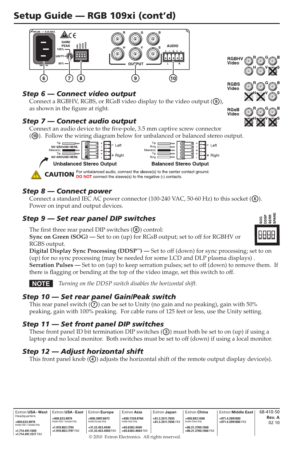 Video and audio output, Rear panel dip switches, Gain/peak | Front panel dip switches, Horizontal shift, Extron contact information, Setup guide — rgb 109xi (cont’d), Step 6 — connect video output, Step 7 — connect audio output, Step 8 — connect power | Extron Electronics RGB 109xi Setup Guide User Manual | Page 2 / 2