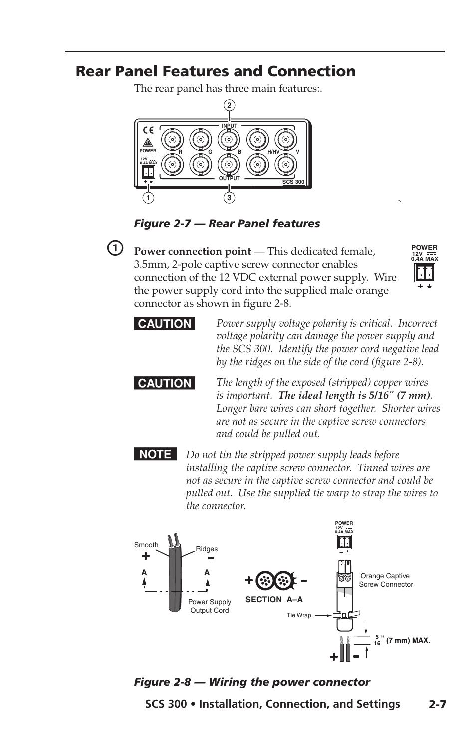 Rear panel features and connection, Figure 2-7 — rear panel features, Figure 2-8 — wiring the power connector | Extron Electronics SCS 300 User Guide User Manual | Page 14 / 24