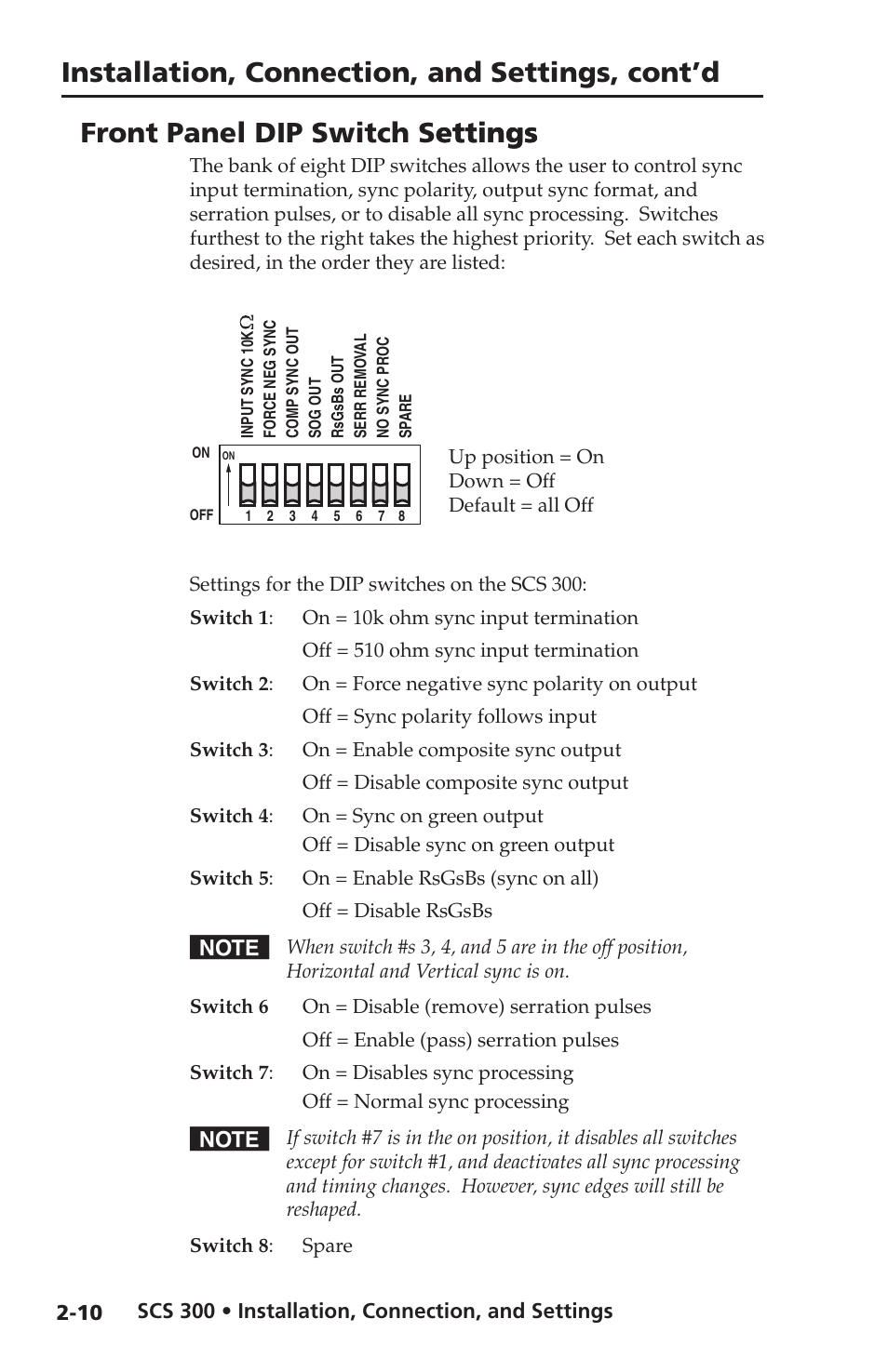 Front panel dip switch settings, Installation, connection, and settings, cont’d, Front panel dip switch settings ettings | Extron Electronics SCS 300 User Guide User Manual | Page 17 / 24