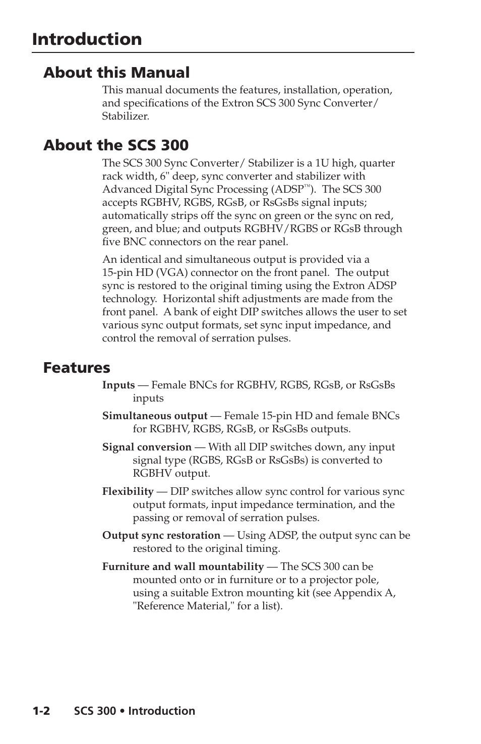 About this manual, About the scs 300, Features | Introduction | Extron Electronics SCS 300 User Guide User Manual | Page 7 / 24